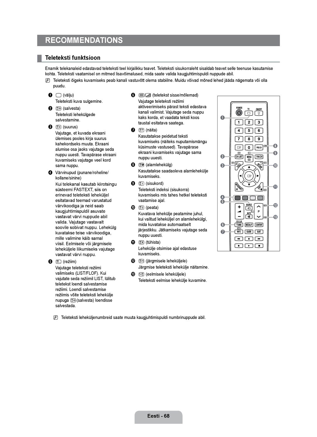 Samsung UE55B7020WWXBT, UE55B7000WWXBT manual Teleteksti funktsioon 