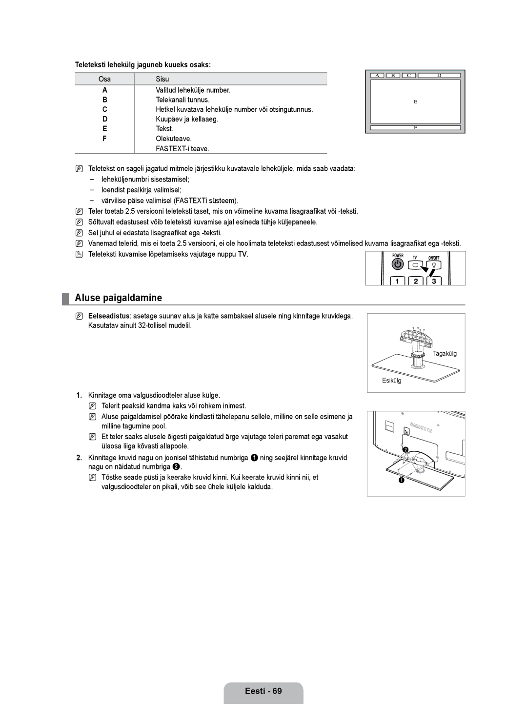 Samsung UE55B7000WWXBT manual Aluse paigaldamine, Teleteksti lehekülg jaguneb kuueks osaks, Osa, Valitud lehekülje number 