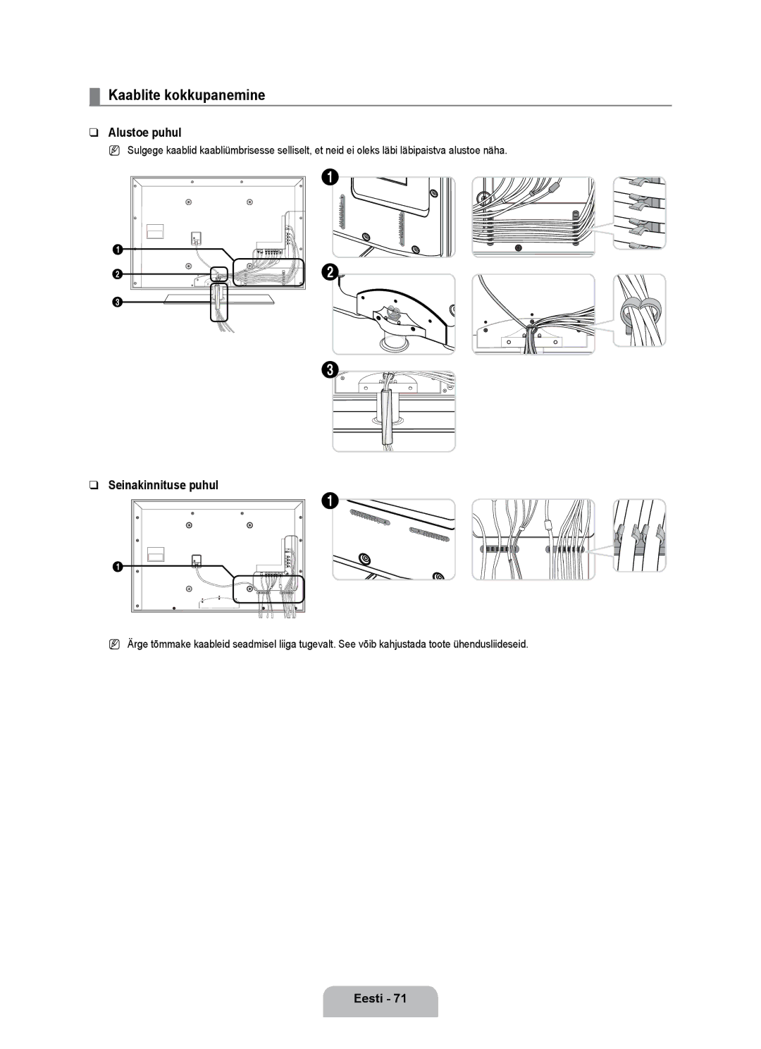 Samsung UE55B7000WWXBT, UE55B7020WWXBT manual Kaablite kokkupanemine, Alustoe puhul, Seinakinnituse puhul, Eesti 1 