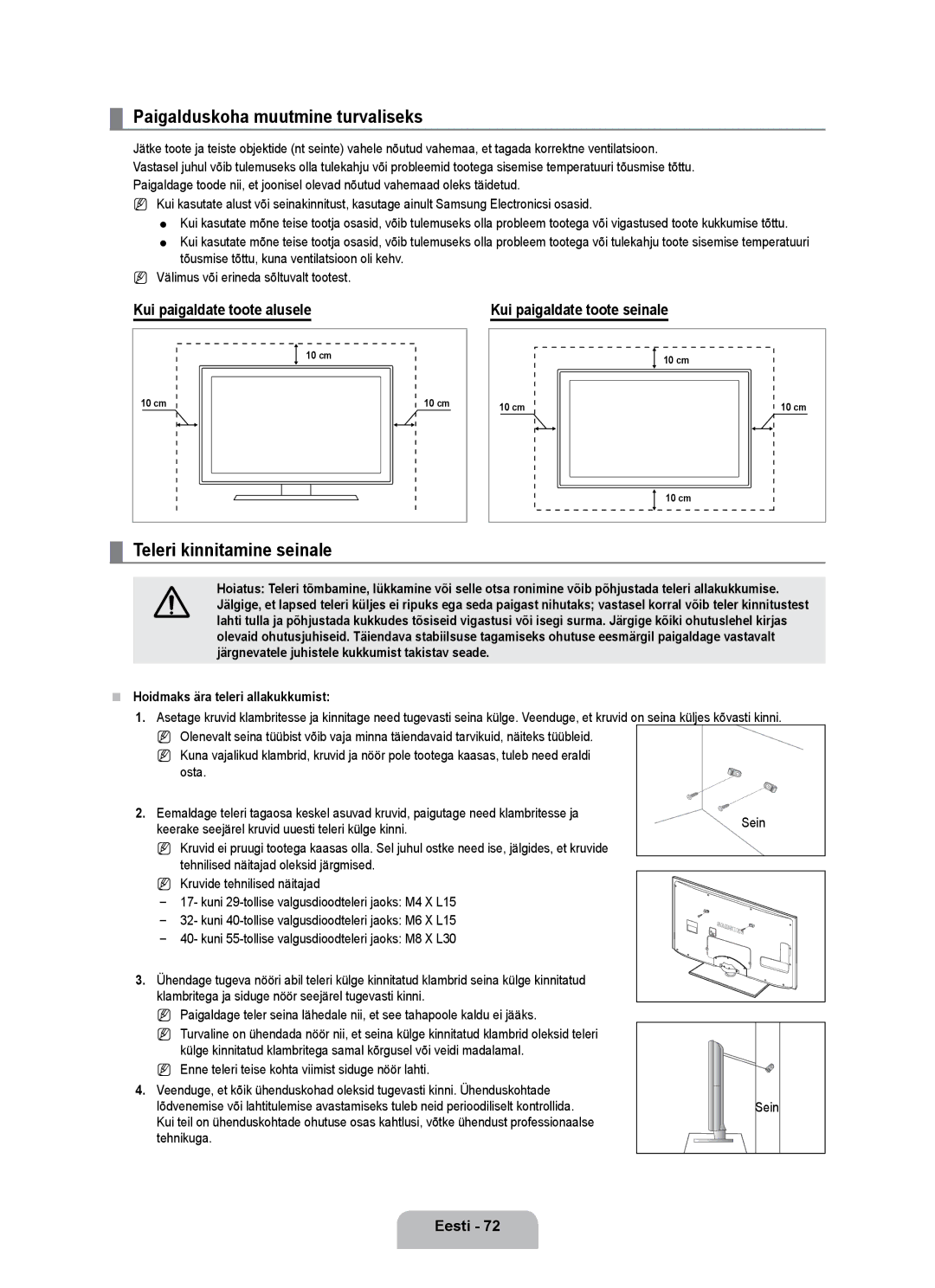 Samsung UE55B7020WWXBT manual Paigalduskoha muutmine turvaliseks, Teleri kinnitamine seinale, Kui paigaldate toote alusele 