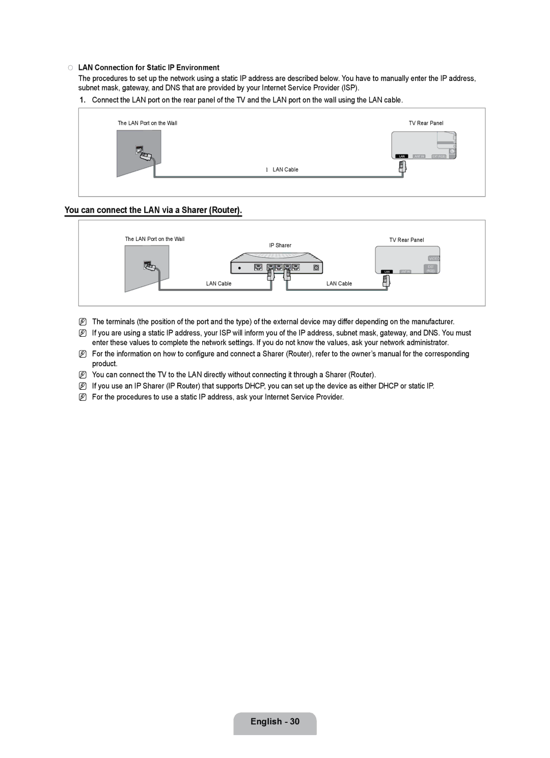 Samsung UE55B7020WWXBT, UE55B7000WWXBT manual LAN Connection for Static IP Environment 