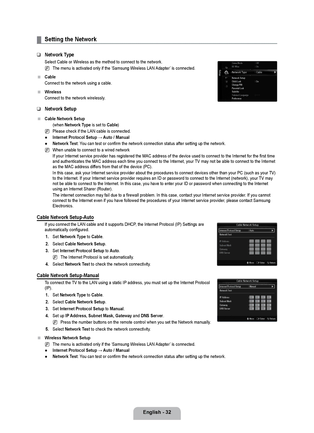 Samsung UE55B7020WWXBT manual Setting the Network, Network Type, Cable Network Setup-Auto, Cable Network Setup-Manual 