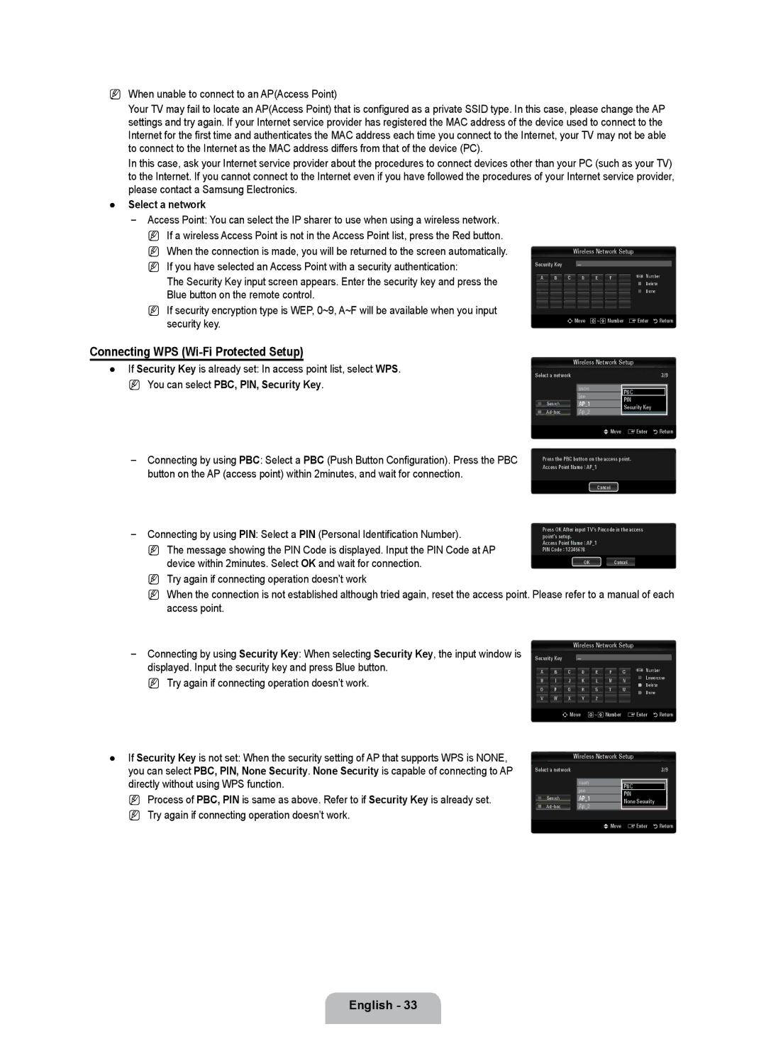 Samsung UE55B7000WWXBT Connecting WPS Wi-Fi Protected Setup, When unable to connect to an APAccess Point, Select a network 