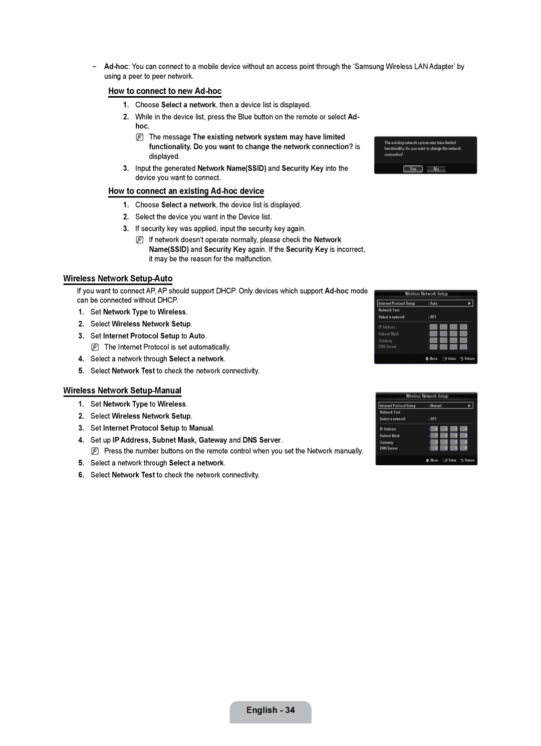 Samsung UE55B7020WWXBT How to connect to new Ad-hoc, How to connect an existing Ad-hoc device, Wireless Network Setup-Auto 