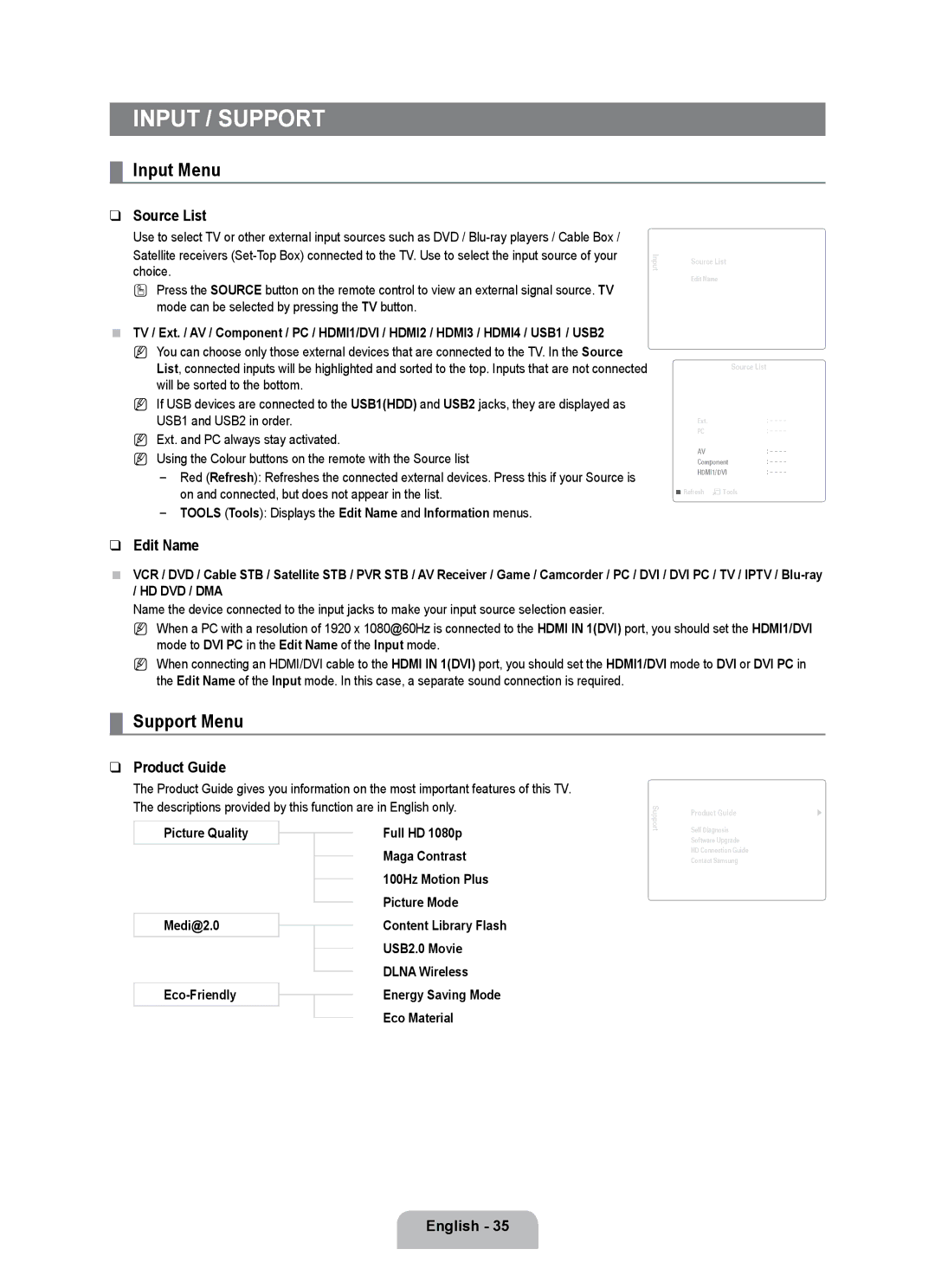 Samsung UE55B7000WWXBT, UE55B7020WWXBT manual Input Menu, Support Menu, Source List, Edit Name, Product Guide 