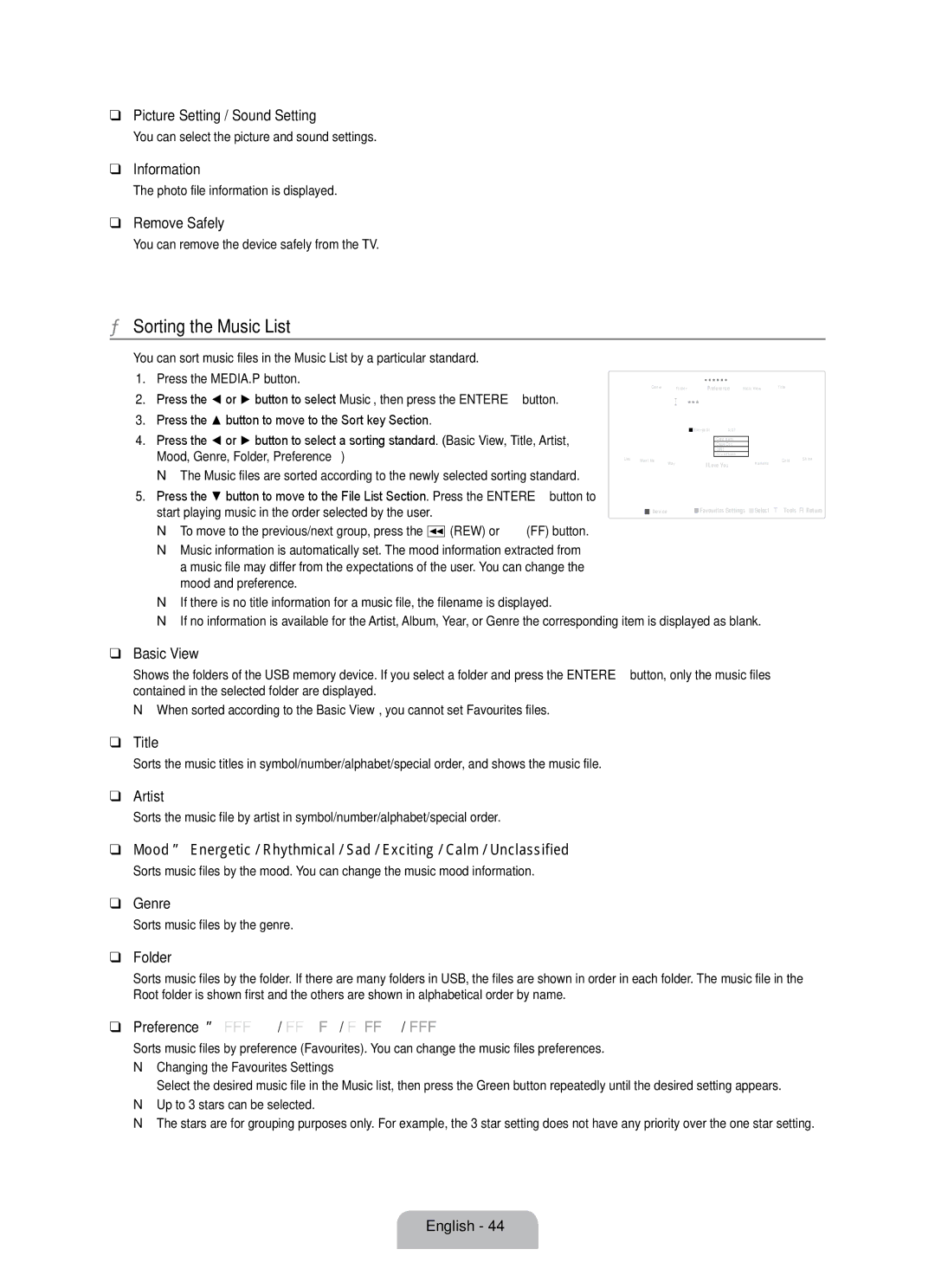 Samsung UE55B7020WWXBT, UE55B7000WWXBT manual Sorting the Music List, Picture Setting / Sound Setting, Title, Artist, Genre 