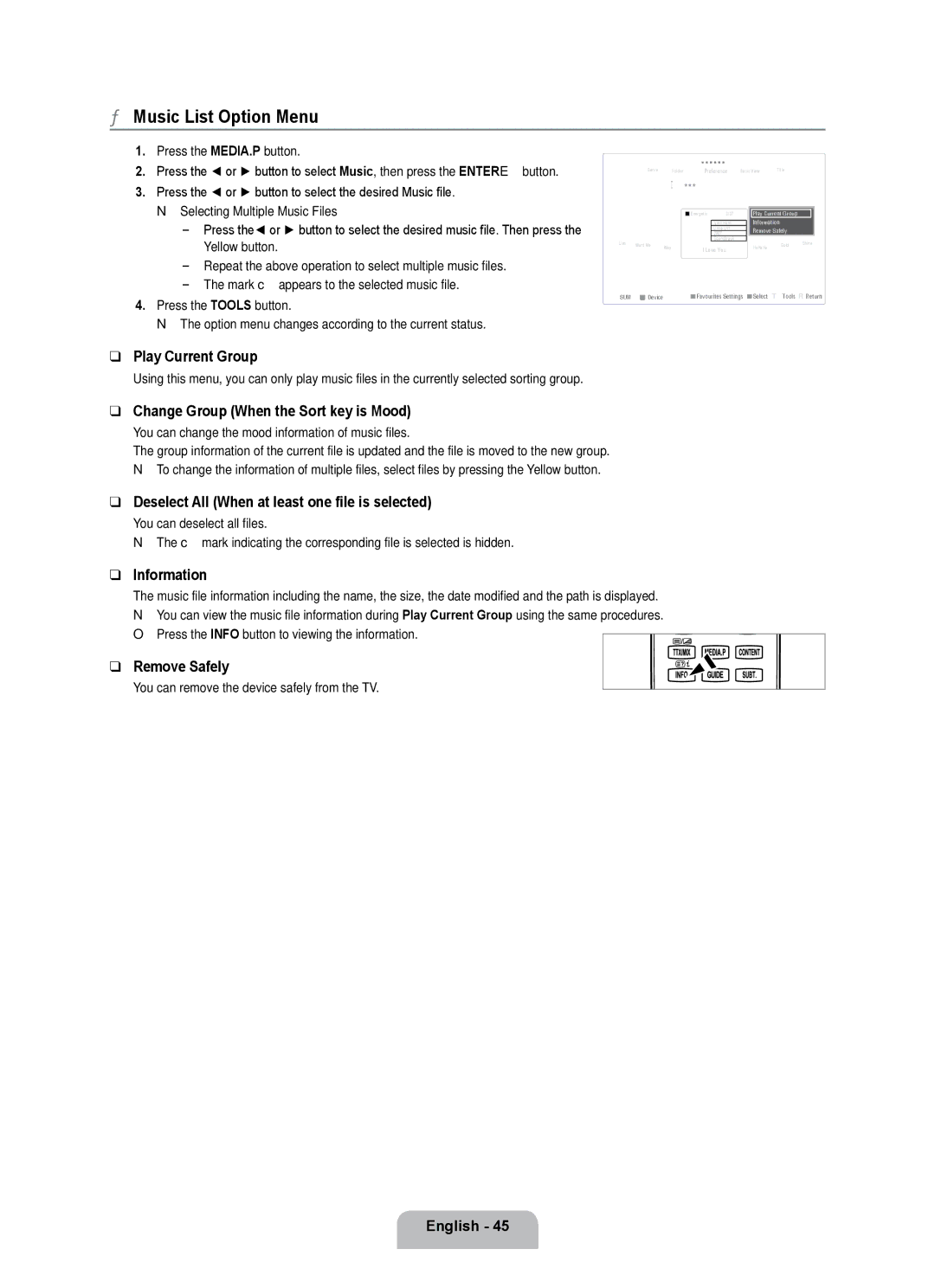 Samsung UE55B7000WWXBT, UE55B7020WWXBT Music List Option Menu, Play Current Group, Change Group When the Sort key is Mood 