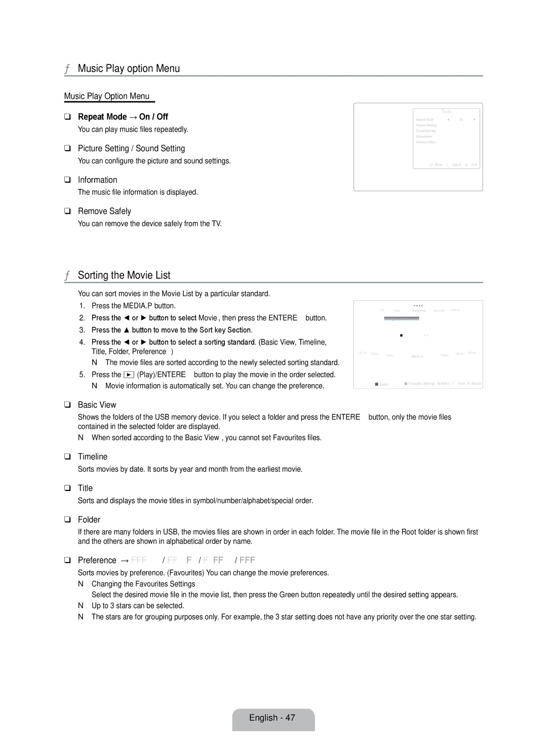 Samsung UE55B7000WWXBT manual Music Play option Menu, Sorting the Movie List, Music Play Option Menu Repeat Mode → On / Off 