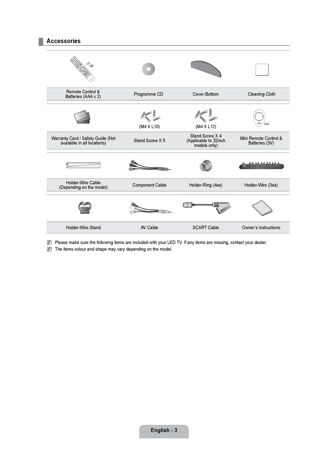 Samsung UE55B7000WWXBT, UE55B7020WWXBT manual Accessories, Programme CD Cover-Bottom Cleaning Cloth 