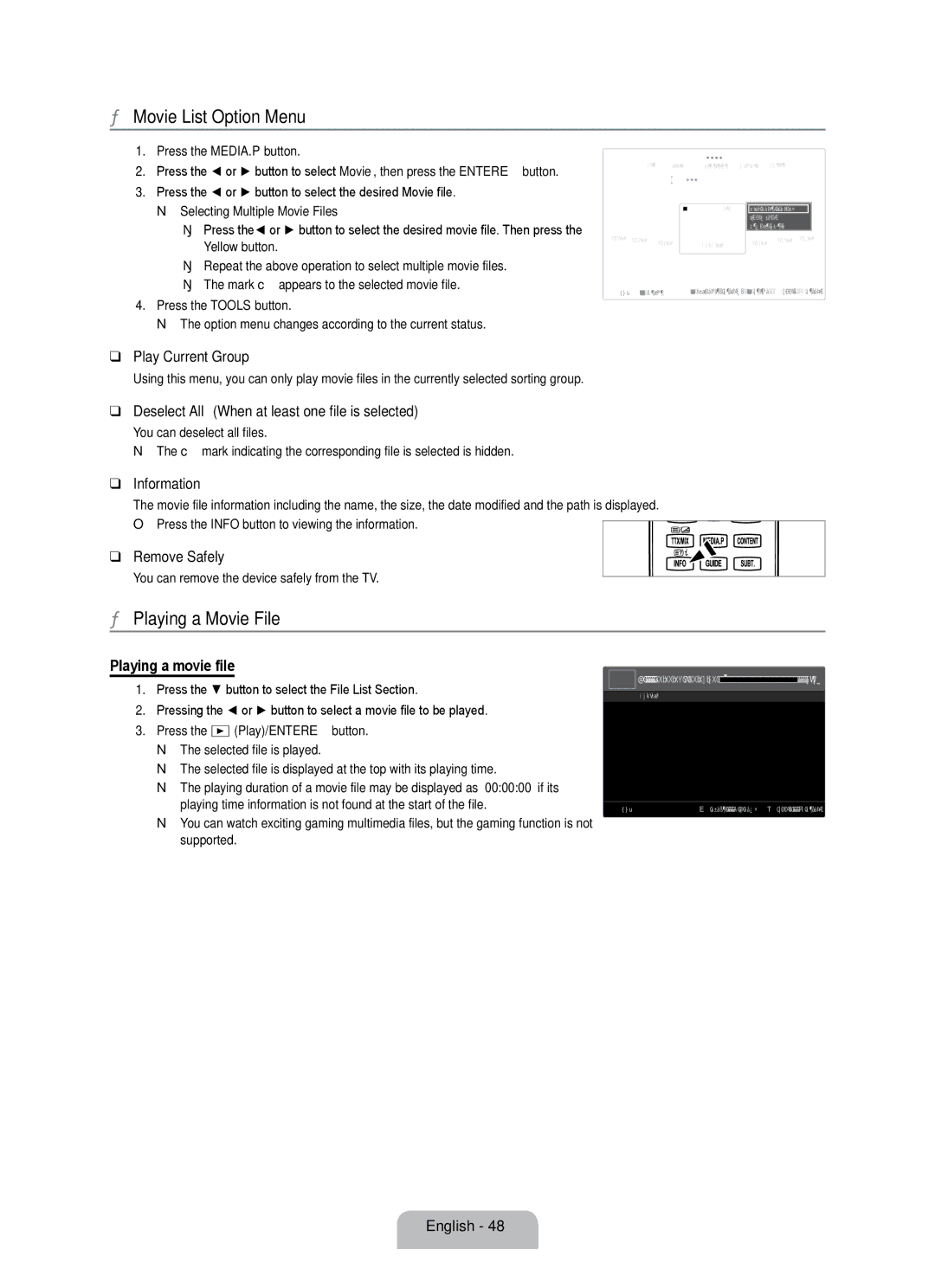 Samsung UE55B7020WWXBT, UE55B7000WWXBT manual Movie List Option Menu, Playing a Movie File, Playing a movie file 