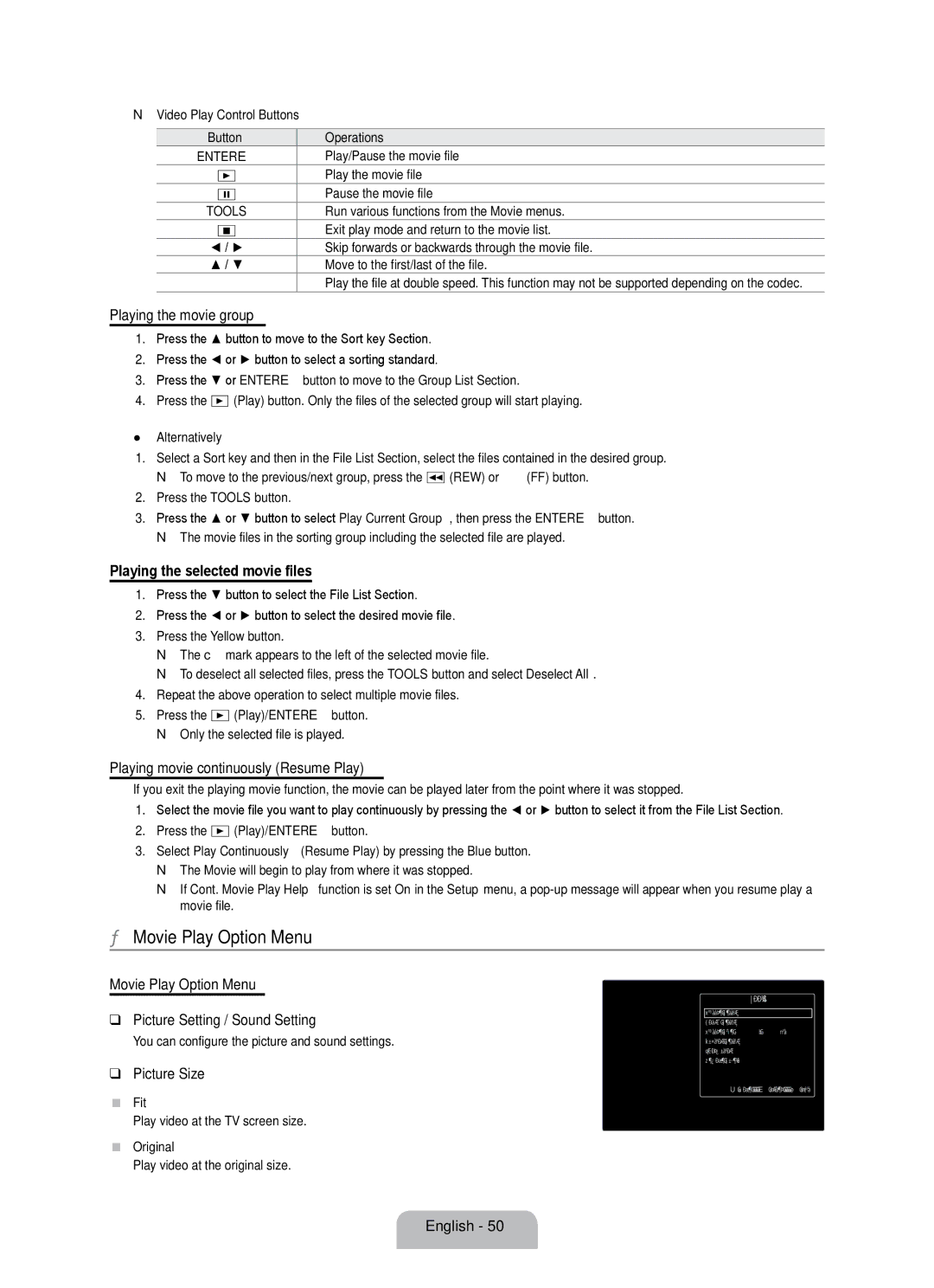 Samsung UE55B7020WWXBT, UE55B7000WWXBT manual Movie Play Option Menu 