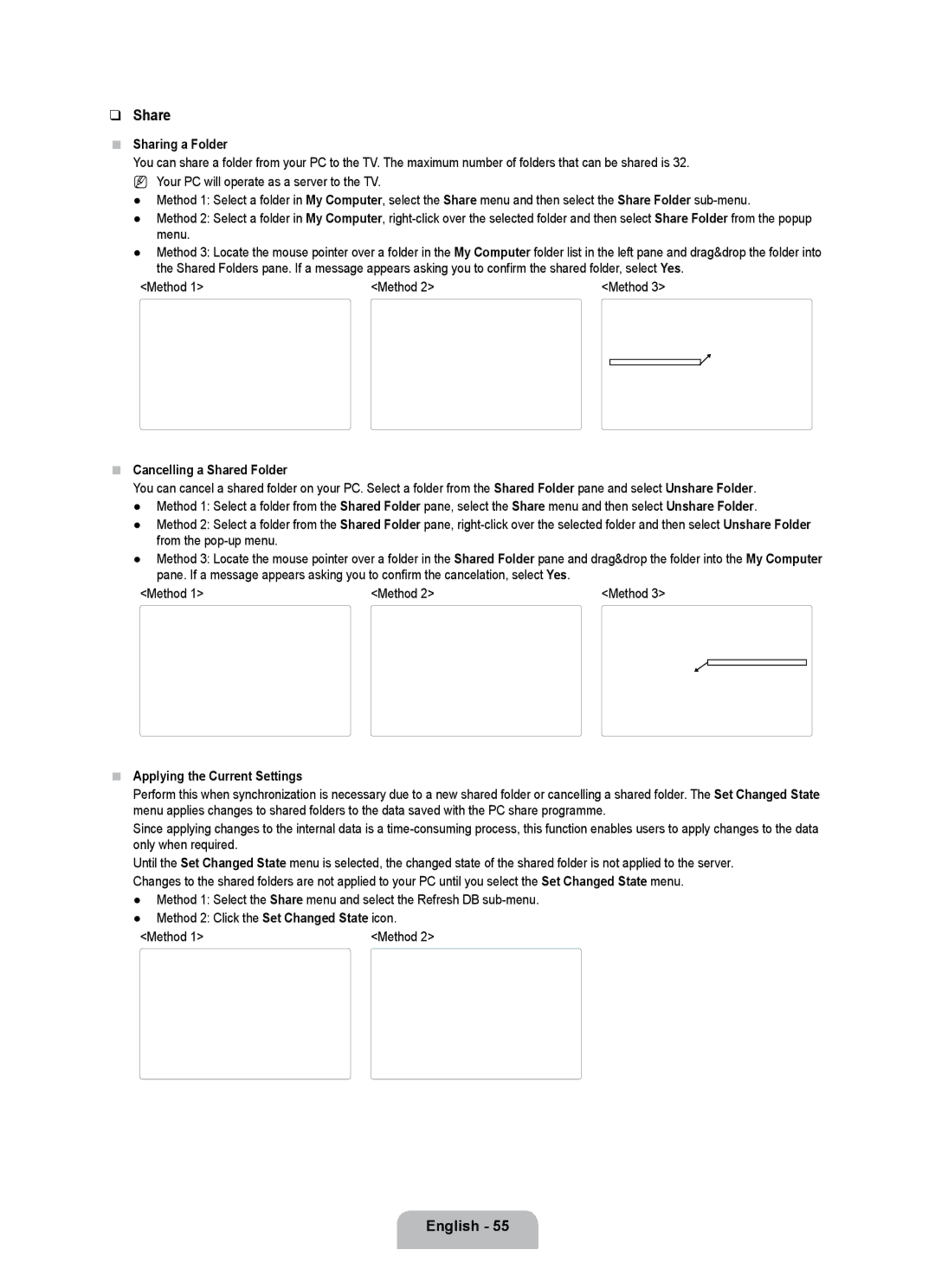 Samsung UE55B7000WWXBT manual Sharing a Folder, Method, Cancelling a Shared Folder, Applying the Current Settings 