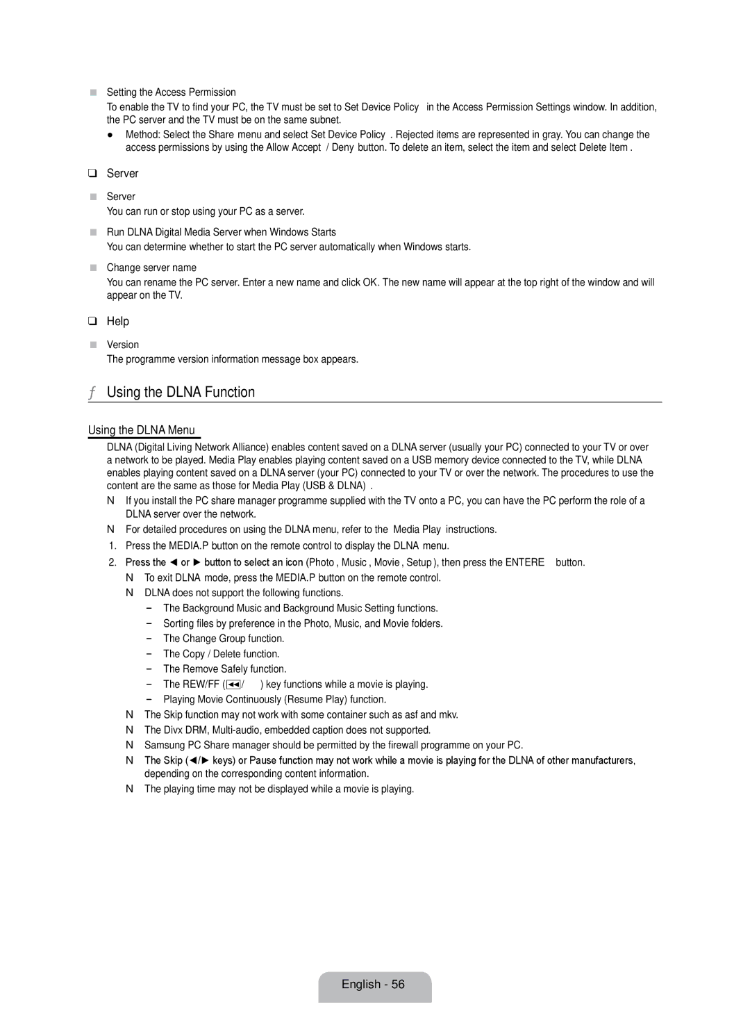 Samsung UE55B7020WWXBT, UE55B7000WWXBT manual Using the Dlna Function, Server, Help, Using the Dlna Menu 