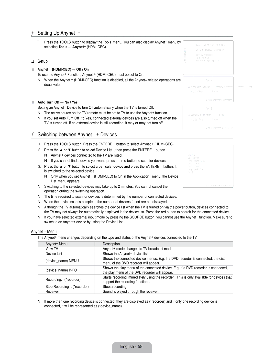 Samsung UE55B7020WWXBT, UE55B7000WWXBT manual Setting Up Anynet+, Switching between Anynet+ Devices, Setup, Anynet+ Menu 