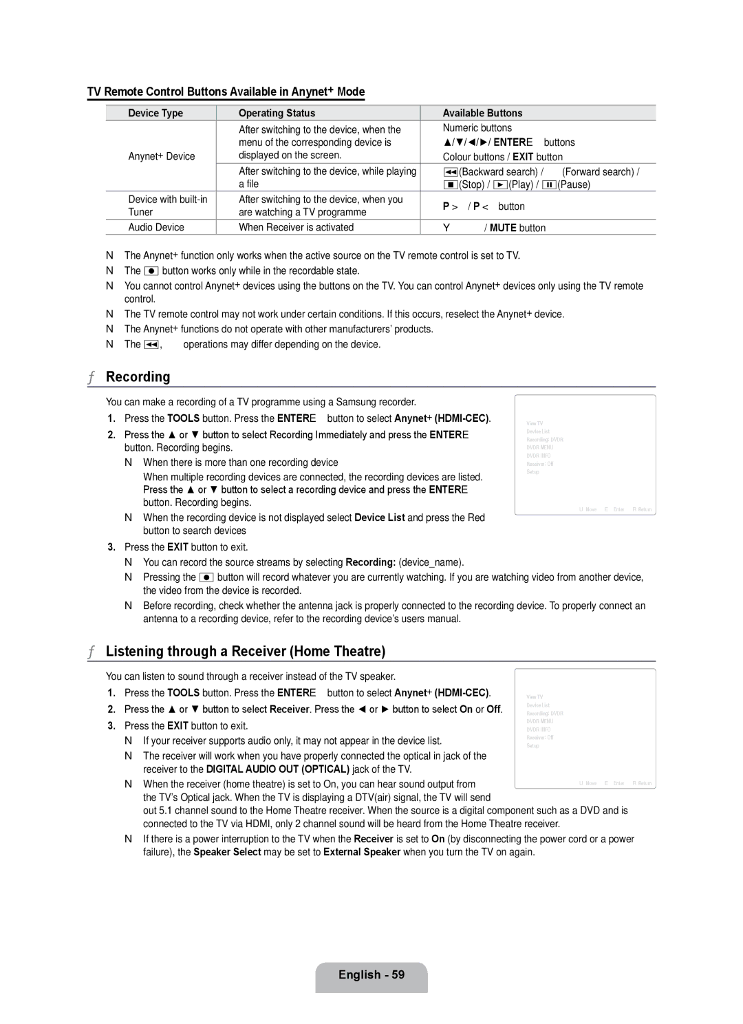 Samsung UE55B7000WWXBT, UE55B7020WWXBT manual Recording, Listening through a Receiver Home Theatre 