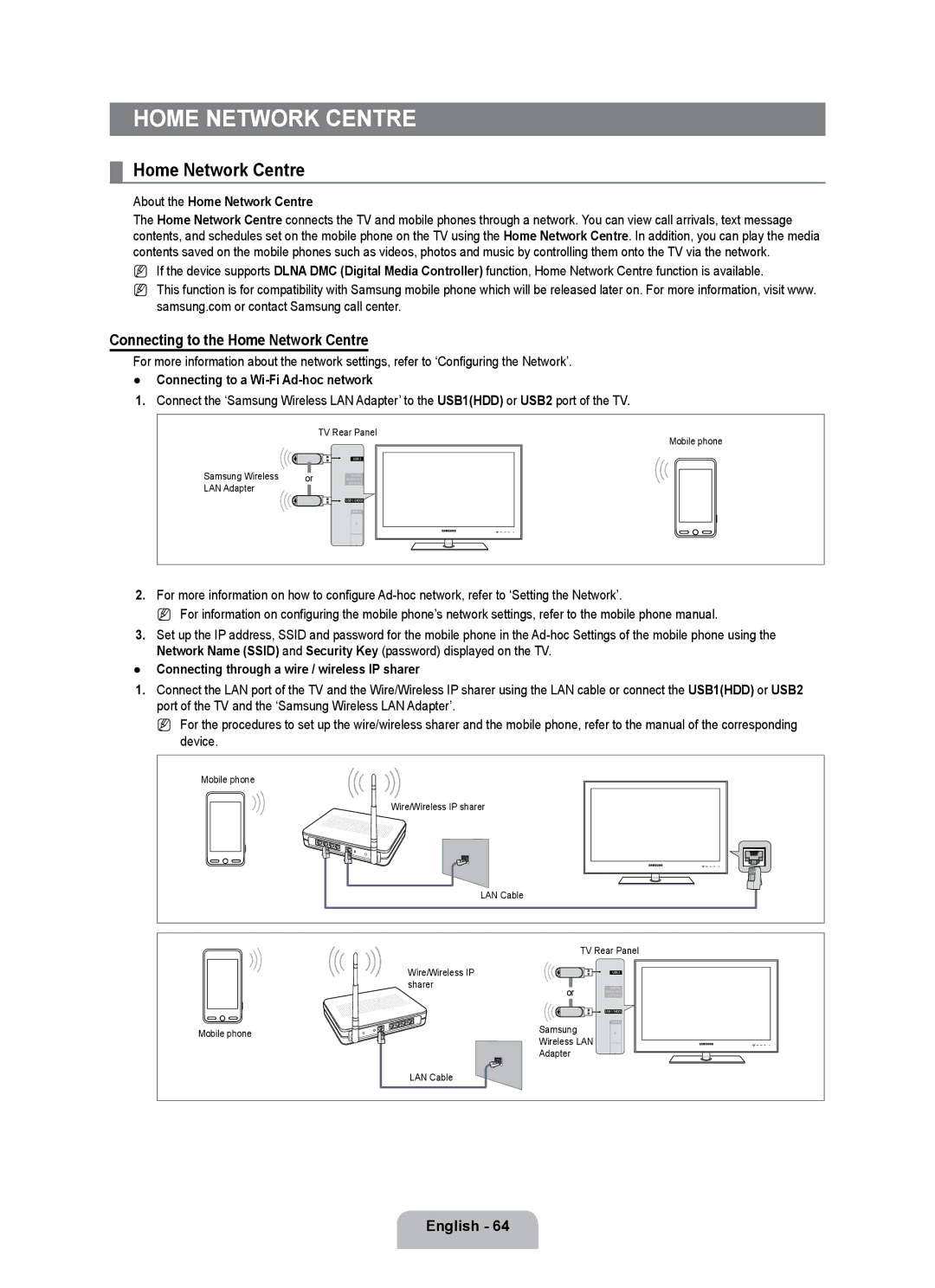 Samsung UE55B7020WWXBT, UE55B7000WWXBT manual Connecting to the Home Network Centre 