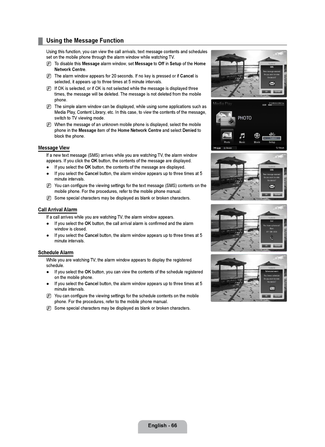 Samsung UE55B7020WWXBT, UE55B7000WWXBT manual Using the Message Function, Message View, Call Arrival Alarm, Schedule Alarm 