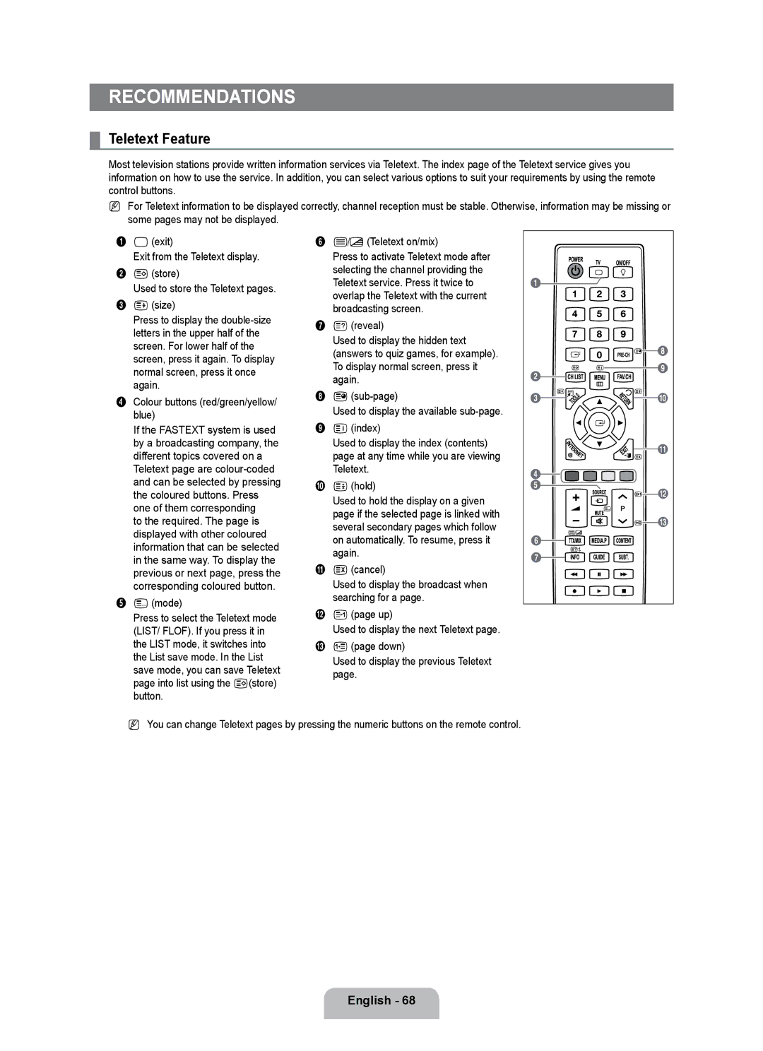 Samsung UE55B7020WWXBT, UE55B7000WWXBT manual Teletext Feature, 8store, 4size, Screen. For lower half 