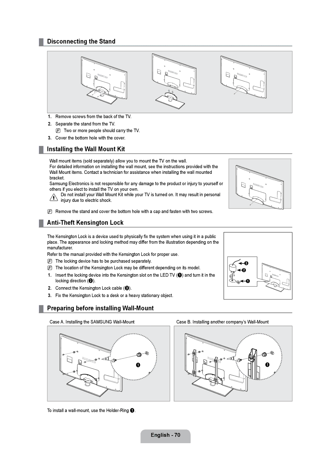 Samsung UE55B7020WWXBT Disconnecting the Stand, Installing the Wall Mount kit, Anti-Theft kensington Lock, English 0 