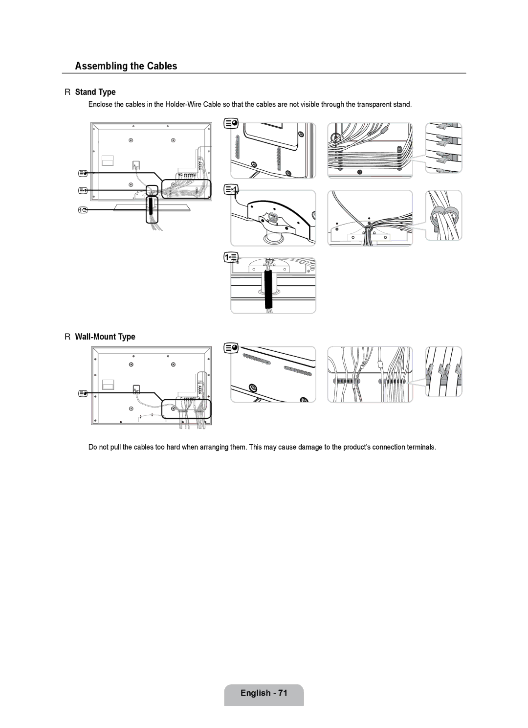 Samsung UE55B7000WWXBT, UE55B7020WWXBT manual Assembling the Cables, Stand Type, Wall-Mount Type, English 1 