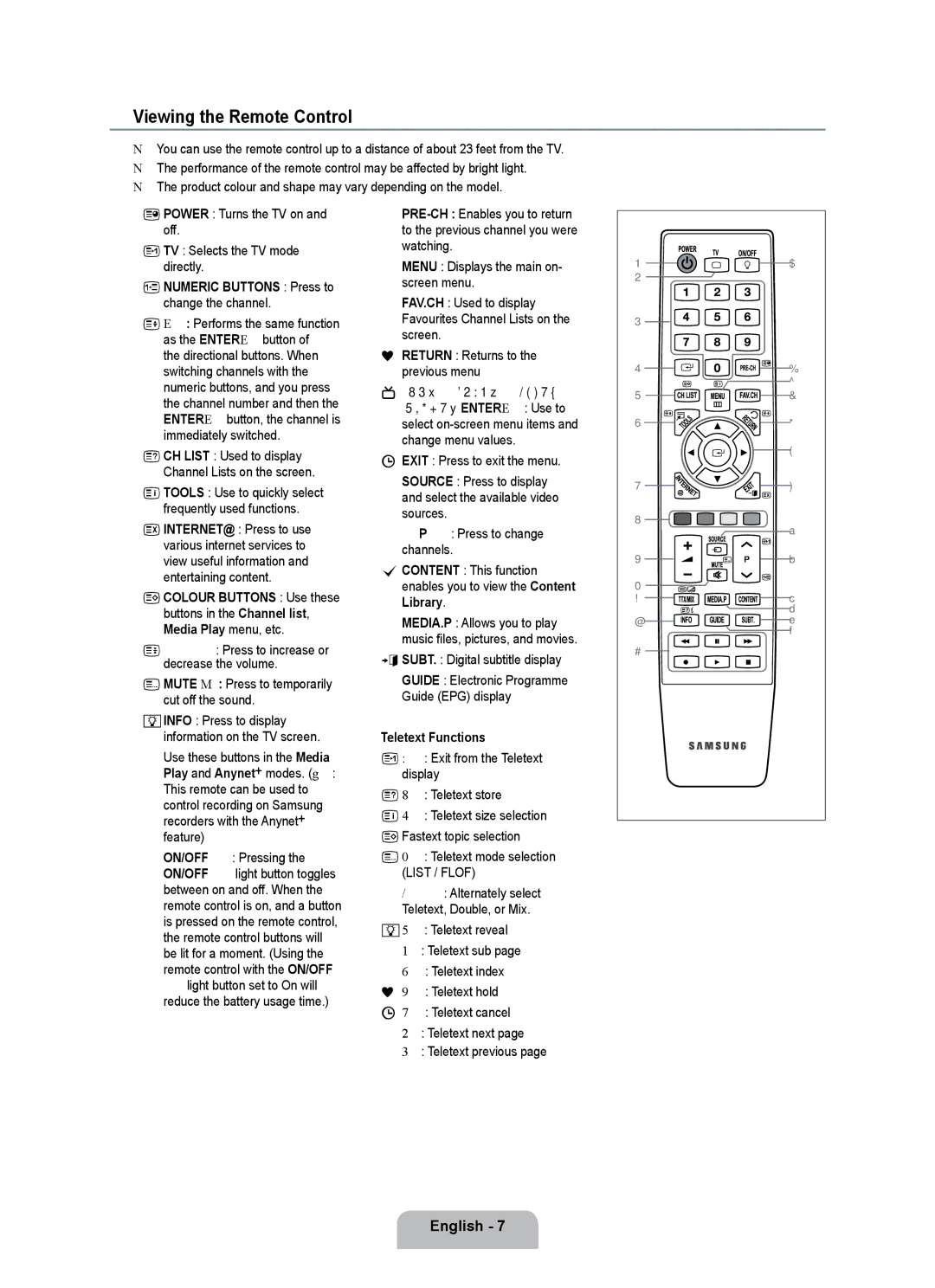 Samsung UE55B7000WWXBT, UE55B7020WWXBT Viewing the Remote Control, English , Numeric Buttons Press to change the channel 