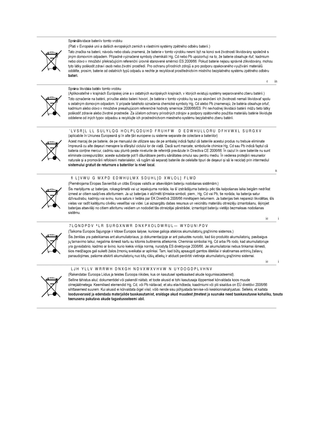 Samsung UE55B7020WWXXU, UE55B7020WWXXC, UE32B7000WWXXC, UE55B7000WWXXC manual Správná likvidace baterií v tomto výrobku 