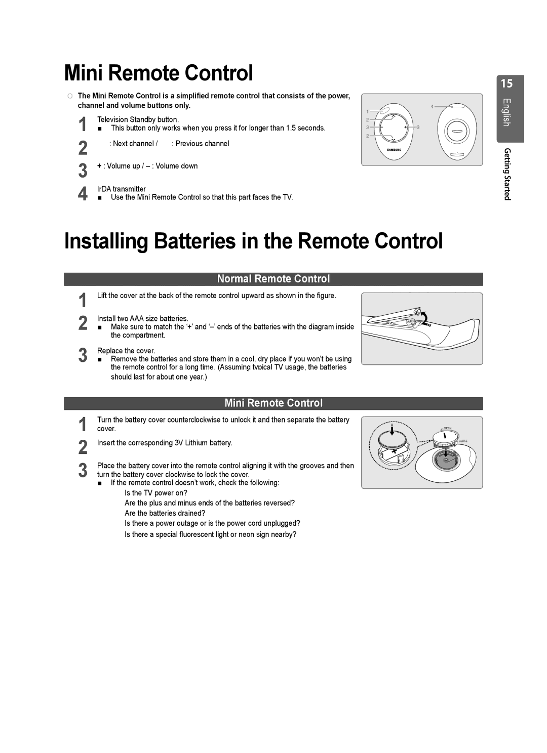 Samsung UE55B7000WWXXU manual Mini Remote Control, Installing Batteries in the Remote Control, Normal Remote Control 