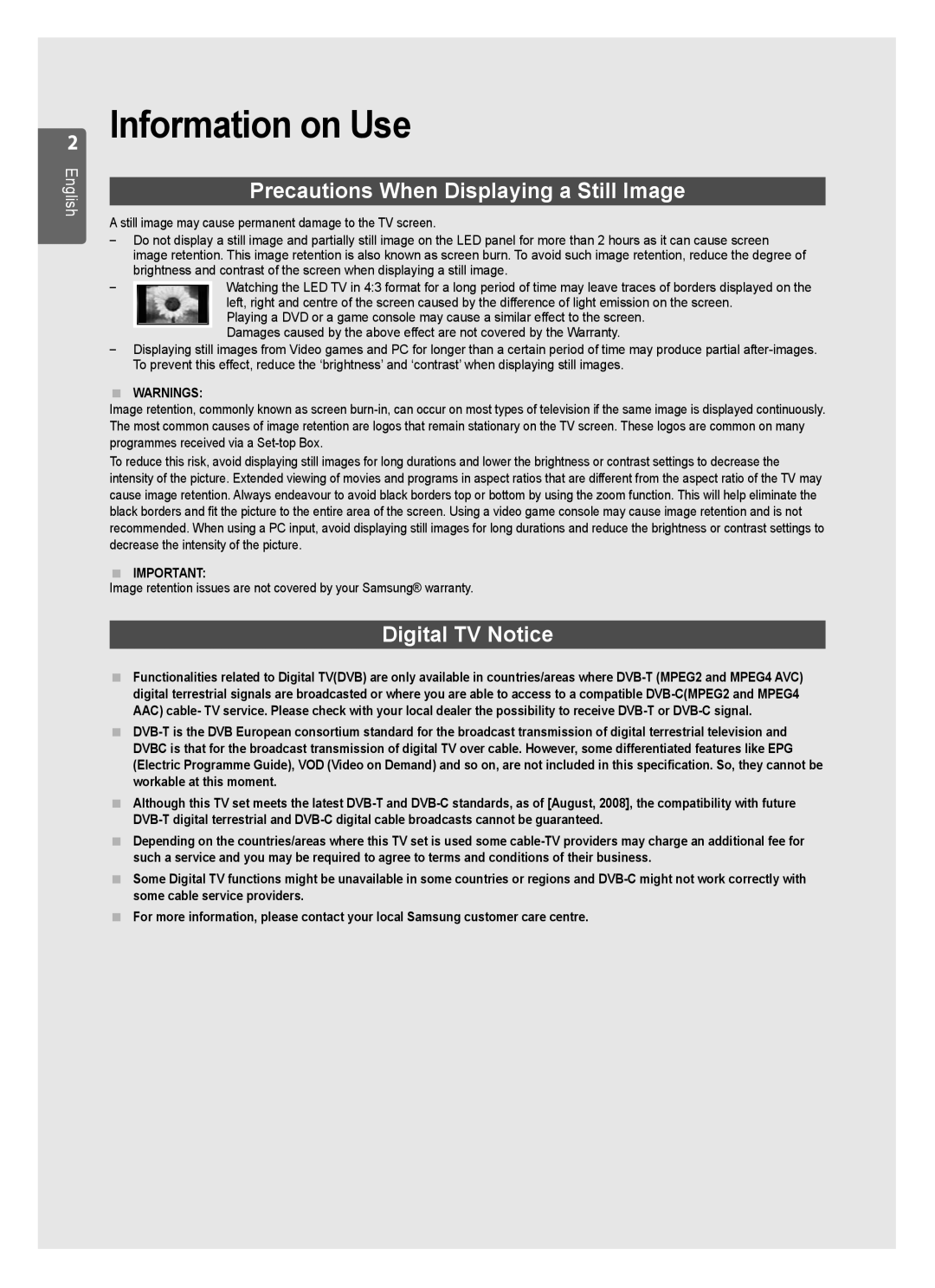 Samsung UE55B7000WWXXC, UE55B7020WWXXC Information on Use, Precautions When Displaying a Still Image, Digital TV Notice 