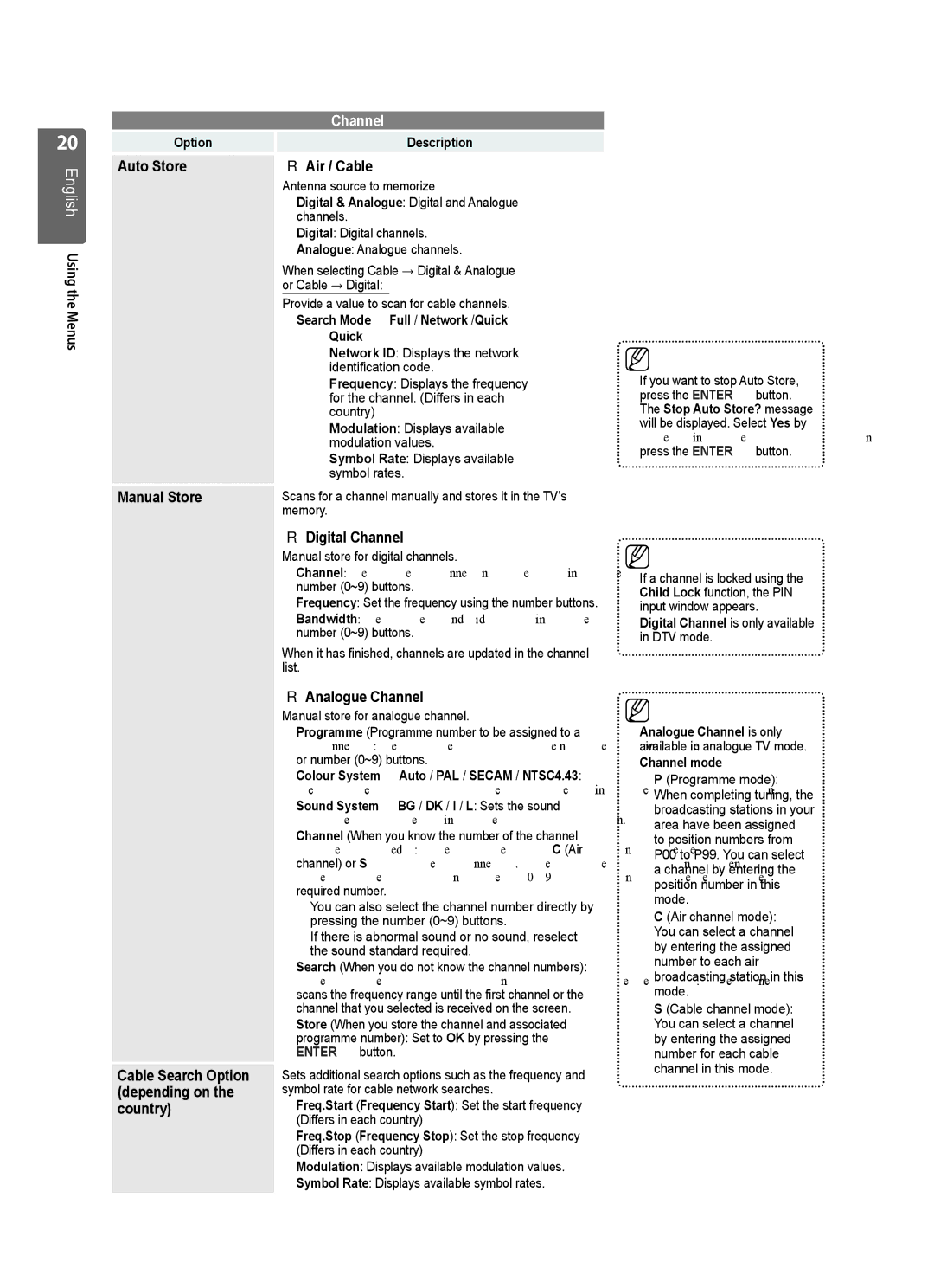 Samsung UE55B7020WWXXU, UE55B7020WWXXC Auto Store Air / Cable, Manual Store, Cable Search Option, Depending on, Country 