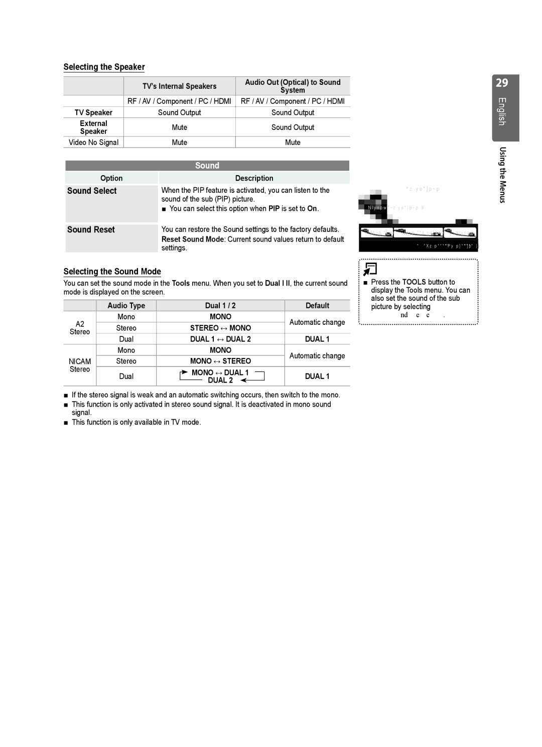 Samsung UE32B7000WWXXH, UE55B7020WWXXC manual Selecting the Speaker, Sound Select, Sound Reset, Selecting the Sound Mode 