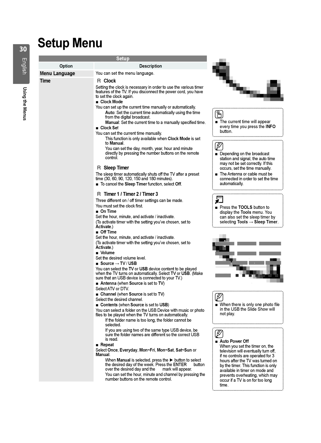 Samsung UE55B7020WWXXH, UE55B7020WWXXC manual Setup Menu, Menu Language, Time Clock, Sleep Timer, Timer 1 / Timer 2 / Timer 
