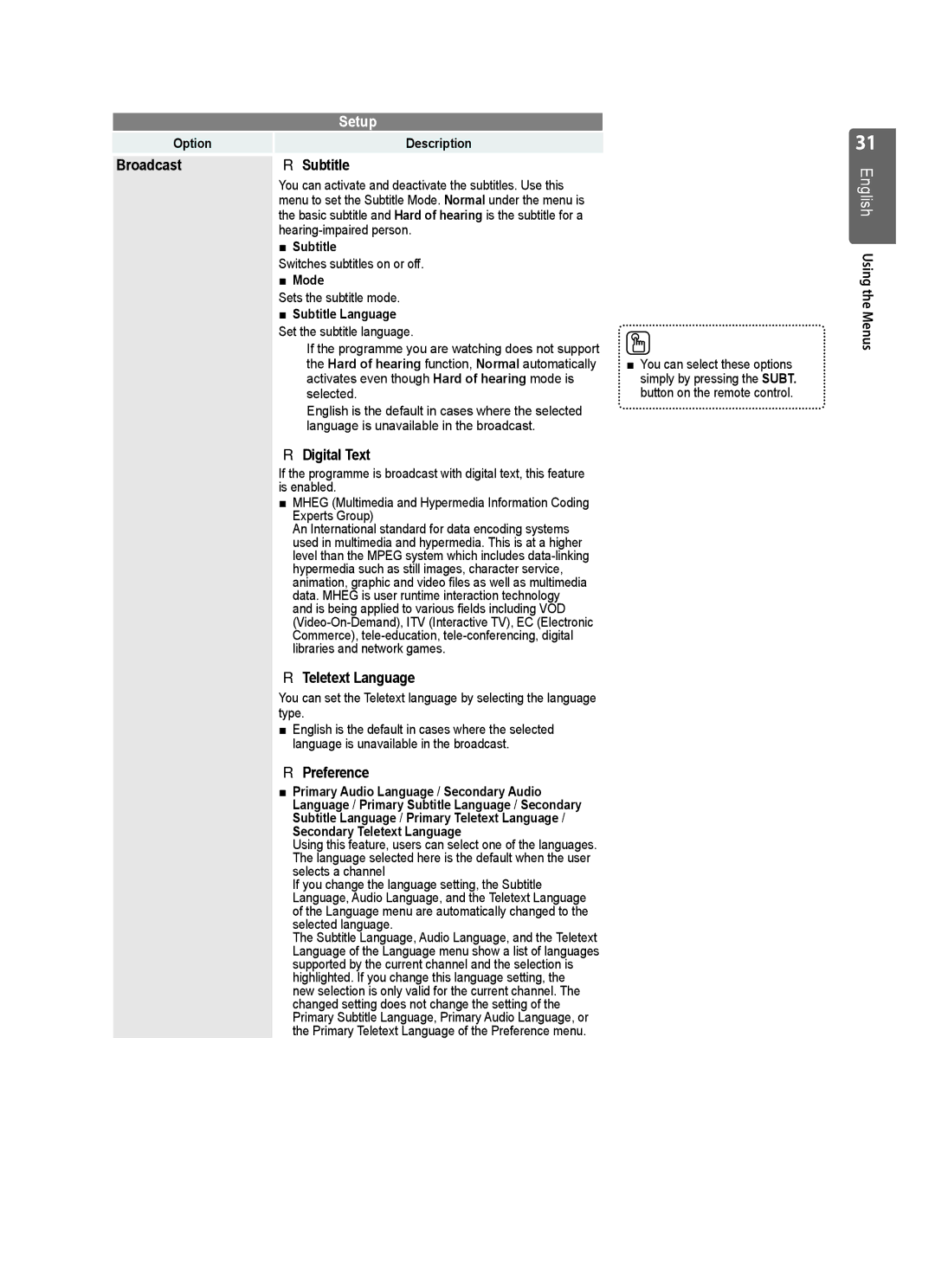 Samsung UE55B7000WWXXU, UE55B7020WWXXC, UE32B7000WWXXC manual Broadcast Subtitle, Digital Text, Teletext Language, Preference 
