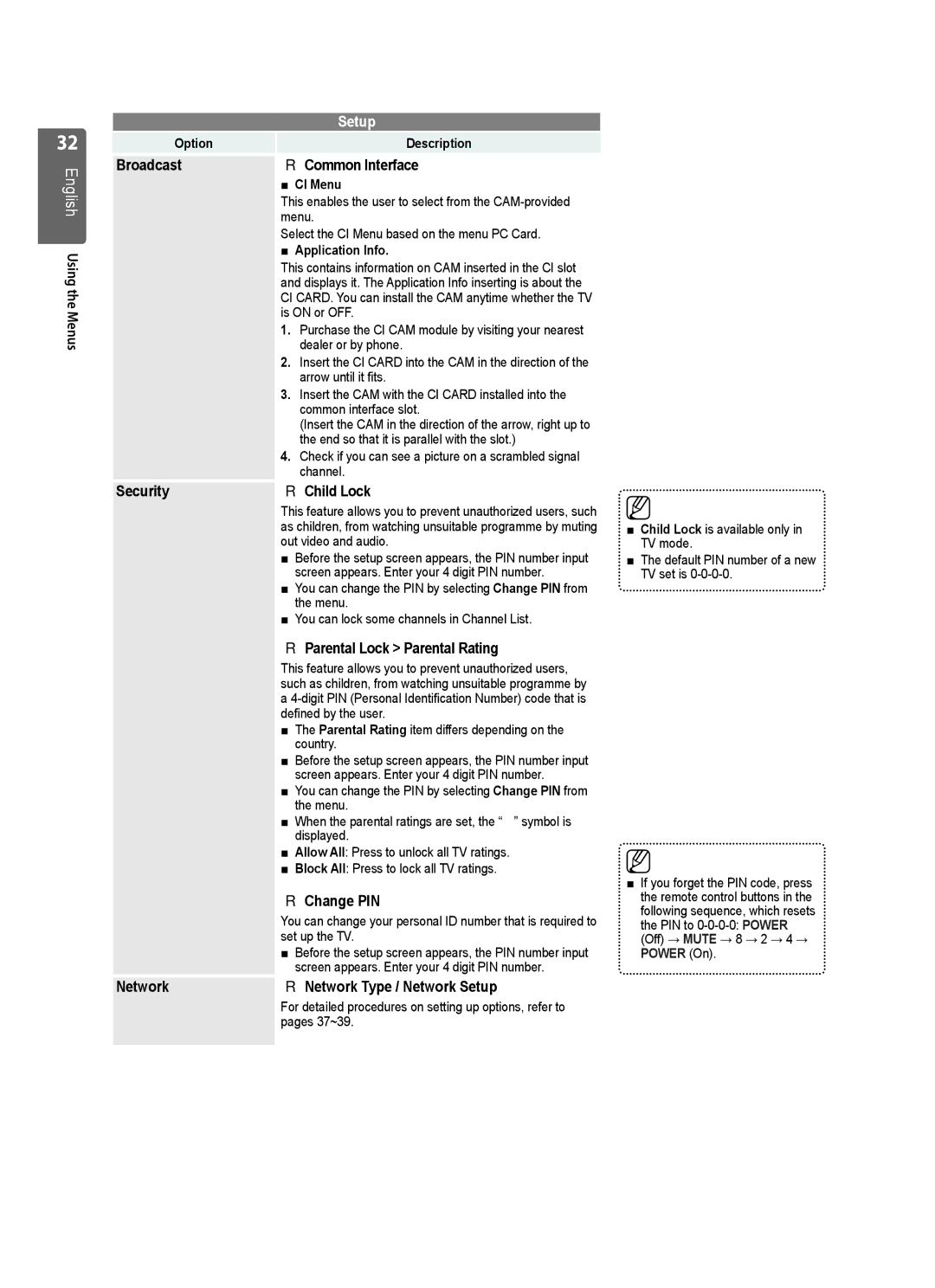 Samsung UE55B7020WWXXC manual Broadcast Common Interface, Security Child Lock, Parental Lock Parental Rating, Change PIN 