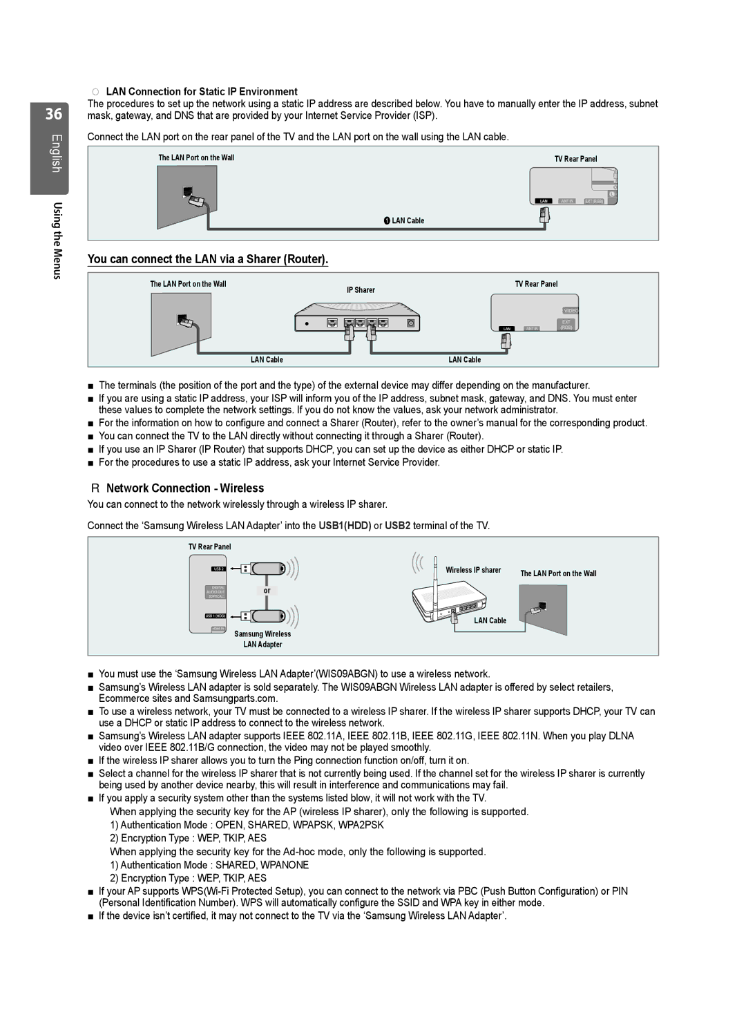 Samsung UE55B7020WWXXU, UE55B7020WWXXC manual Network Connection Wireless, LAN Connection for Static IP Environment 