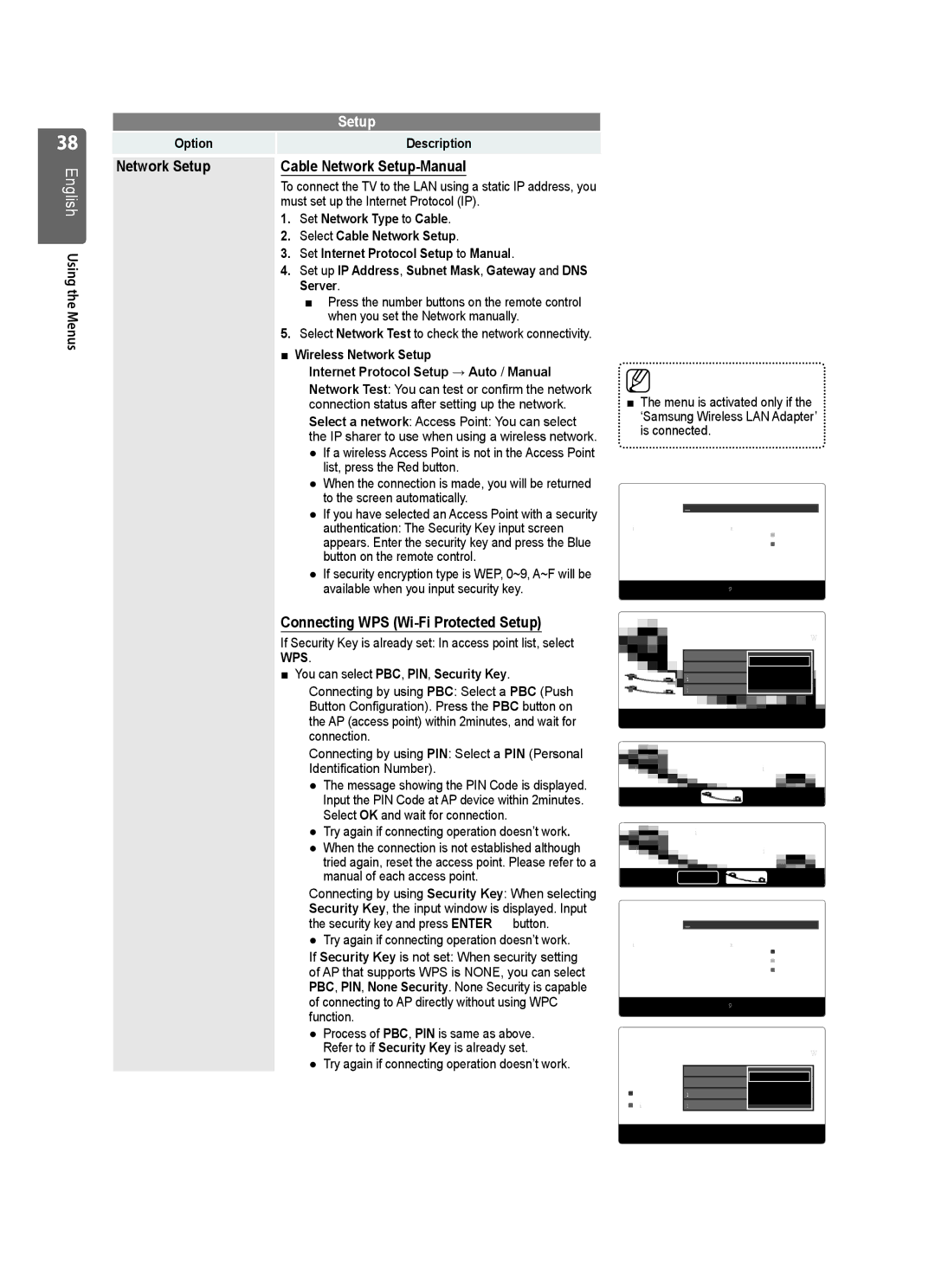 Samsung UE55B7020WWXXH, UE55B7020WWXXC Network Setup Cable Network Setup-Manual, Connecting WPS Wi-Fi Protected Setup, Wps 