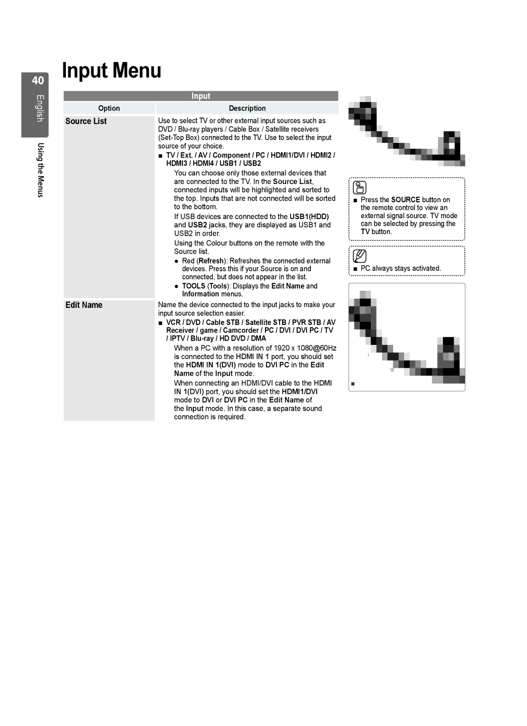 Samsung UE55B7020WWXXC, UE32B7000WWXXC, UE55B7000WWXXC manual Input Menu, Source List, Edit Name, HDMI3 / HDMI4 / USB1 / USB2 