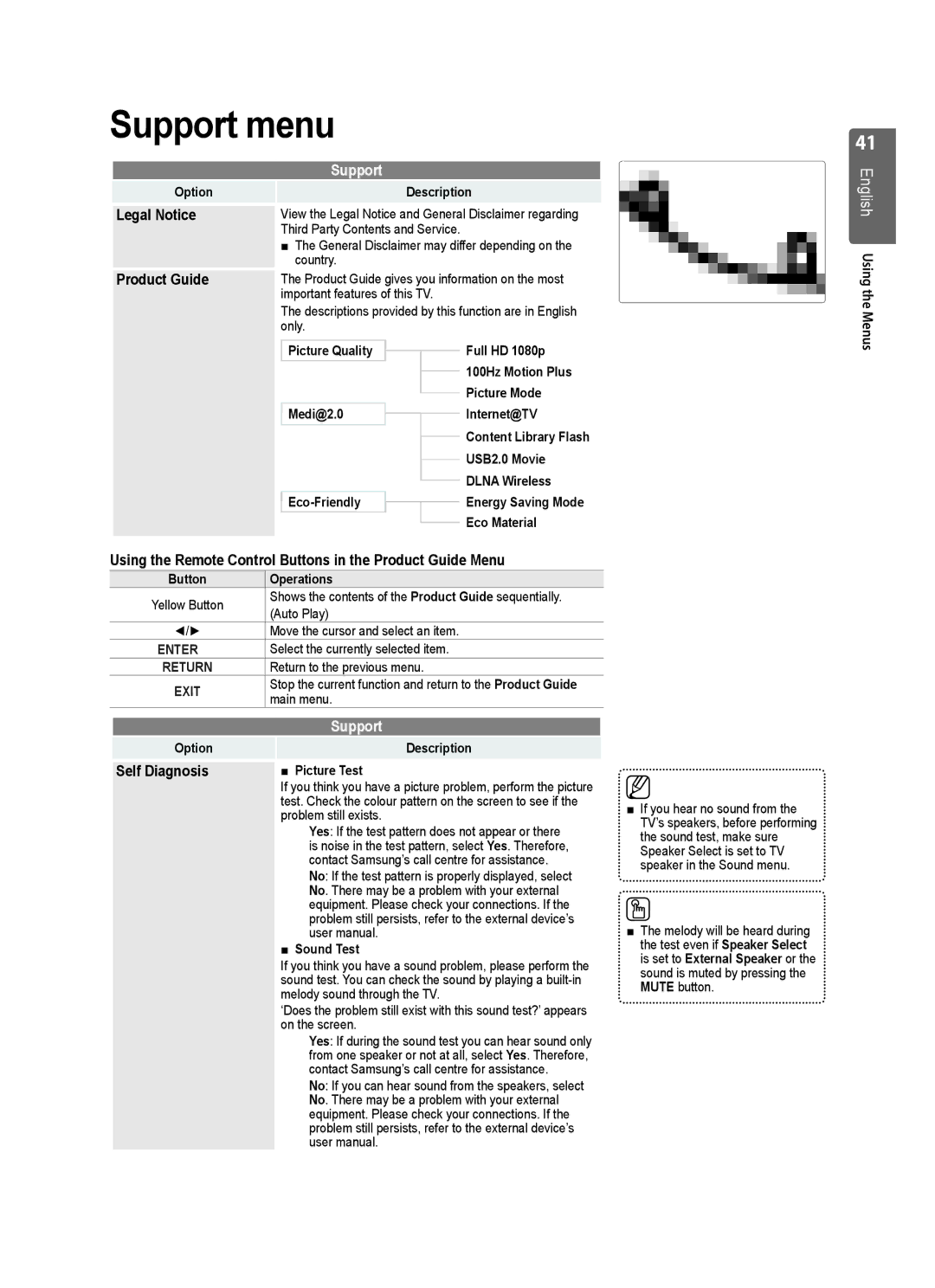 Samsung UE32B7000WWXXC, UE55B7020WWXXC, UE55B7000WWXXC manual Support menu, Legal Notice, Product Guide, Self Diagnosis 