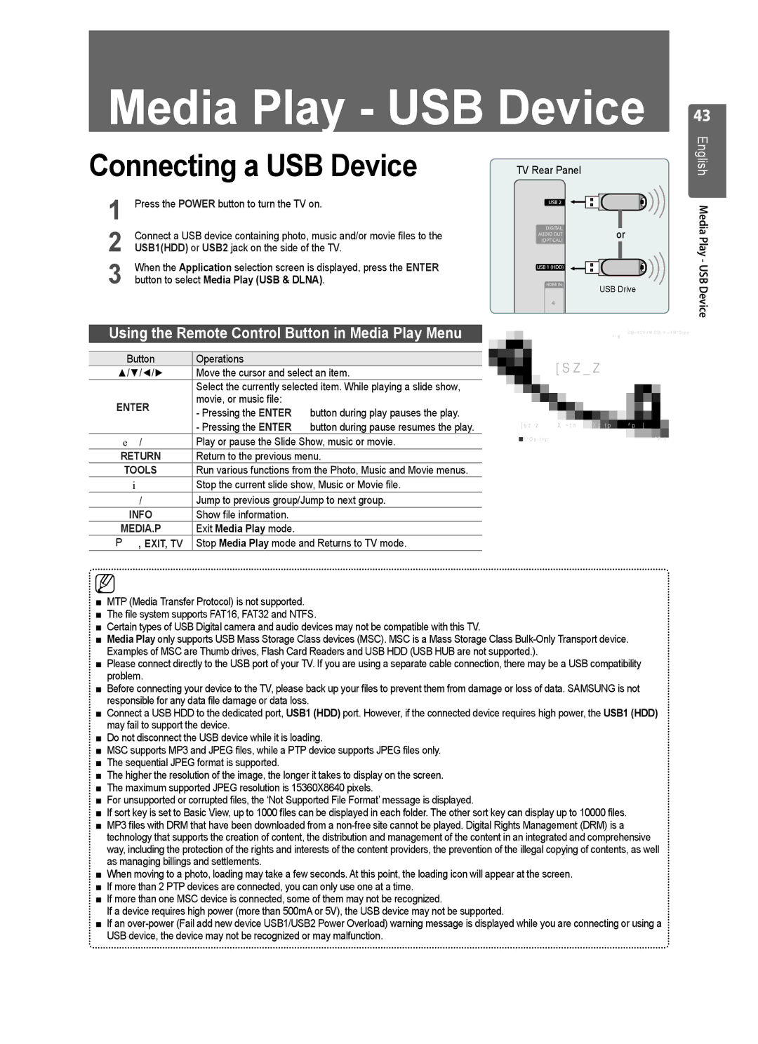 Samsung UE55B7000WWXXH Connecting a USB Device, Button to select Media Play USB & Dlna, English Media Play USB Device, ∂/∑ 