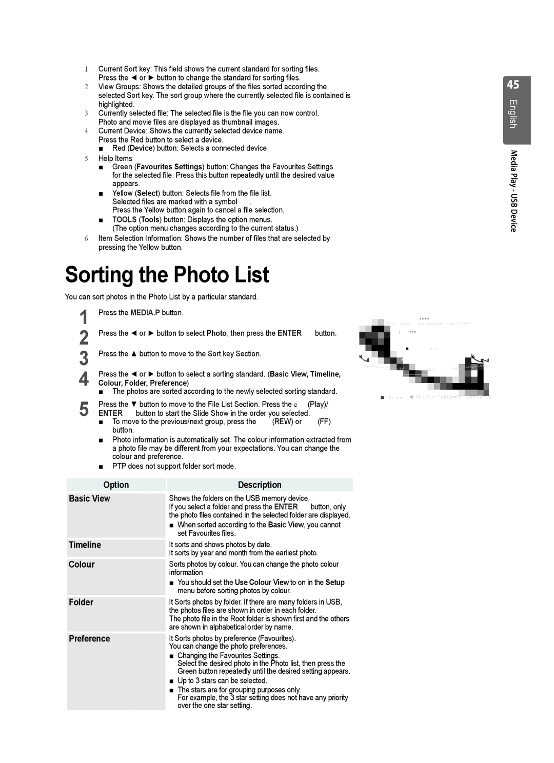 Samsung UE32B7000WWXXH Sorting the Photo List, Option Description Basic View, Timeline, Colour, Folder, Preference 