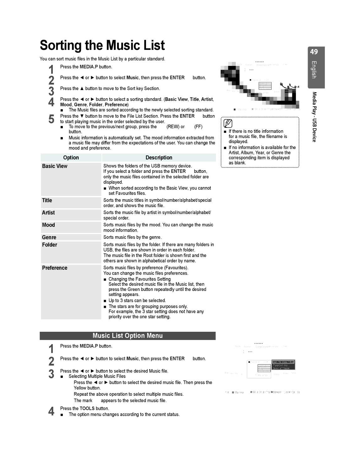 Samsung UE32B7000WWXXC, UE55B7020WWXXC, UE55B7000WWXXC, UE55B7000WWXXH manual Sorting the Music List, Music List Option Menu 