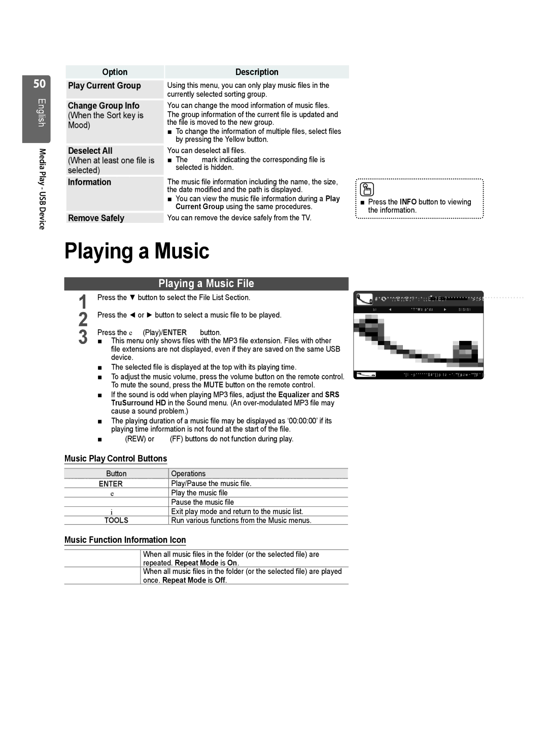 Samsung UE55B7000WWXXC Playing a Music File, Option Description Play Current Group, Music Function Information Icon 