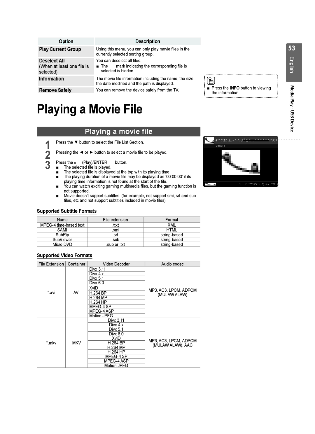 Samsung UE32B7000WWXXH Playing a Movie File, Playing a movie file, Supported Subtitle Formats, Supported Video Formats 