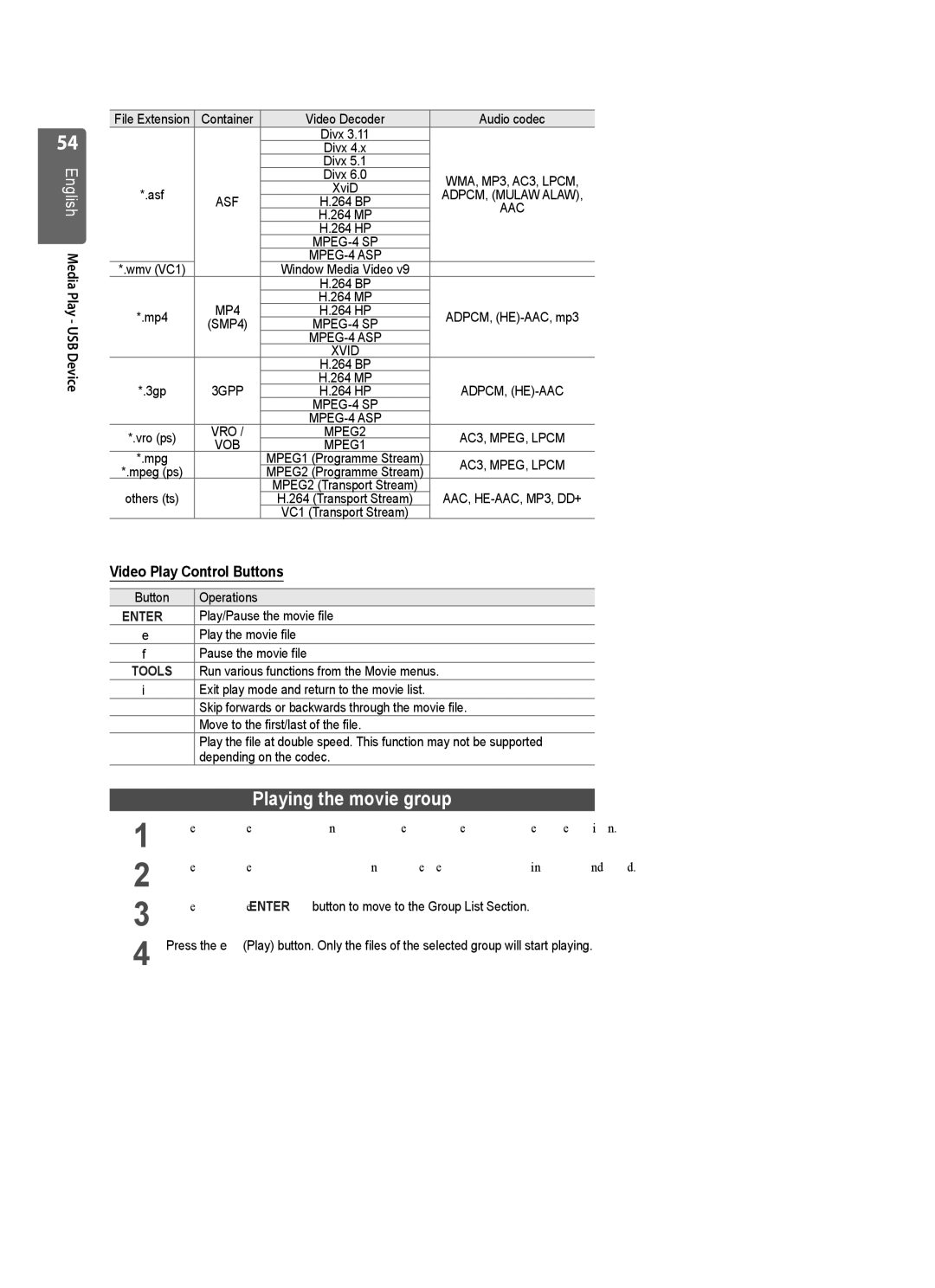 Samsung UE55B7020WWXXH, UE55B7020WWXXC, UE32B7000WWXXC, UE55B7000WWXXC Playing the movie group, Video Play Control Buttons 