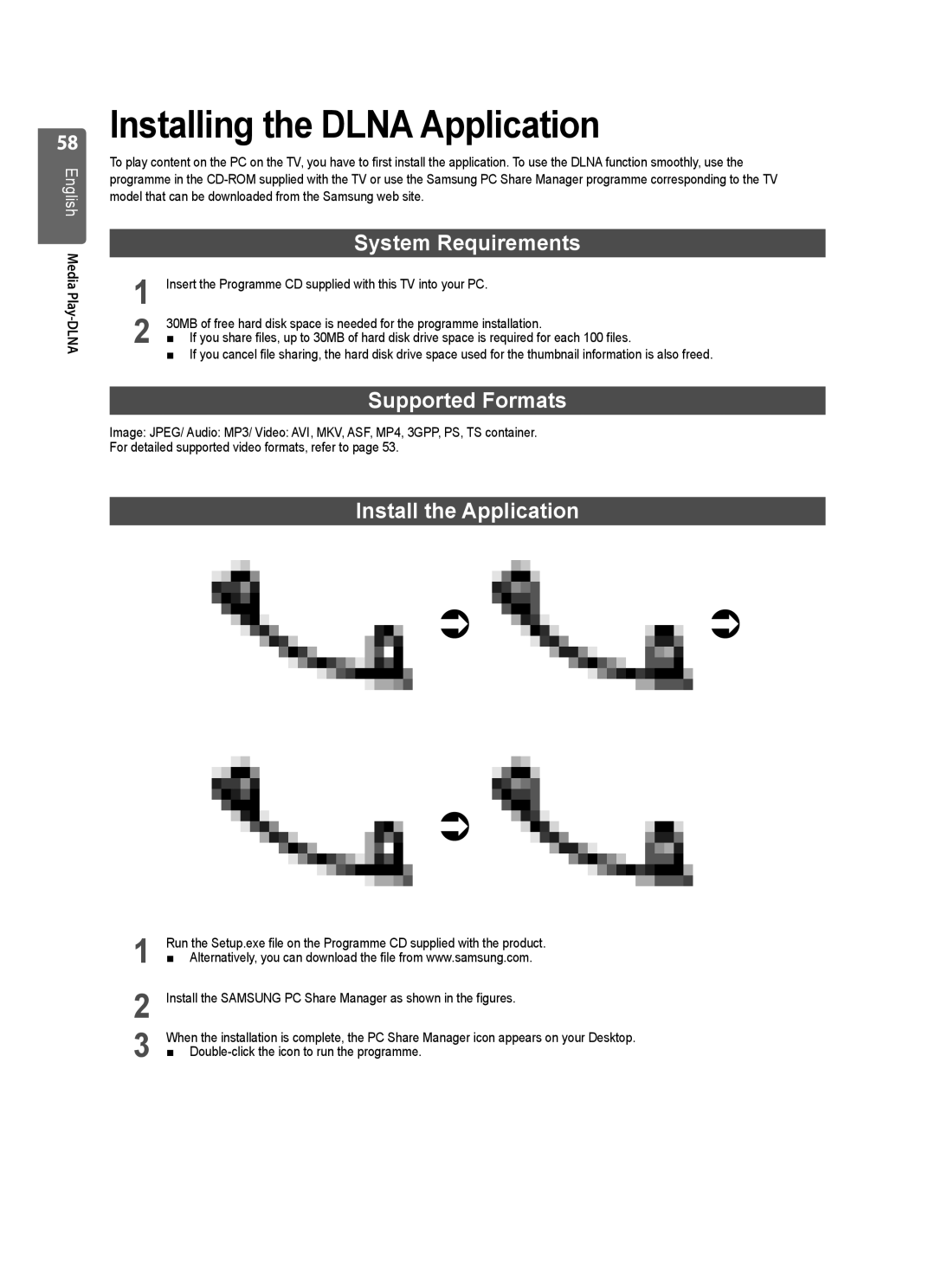 Samsung UE55B7000WWXXC Installing the Dlna Application, System Requirements, Supported Formats, Install the Application 
