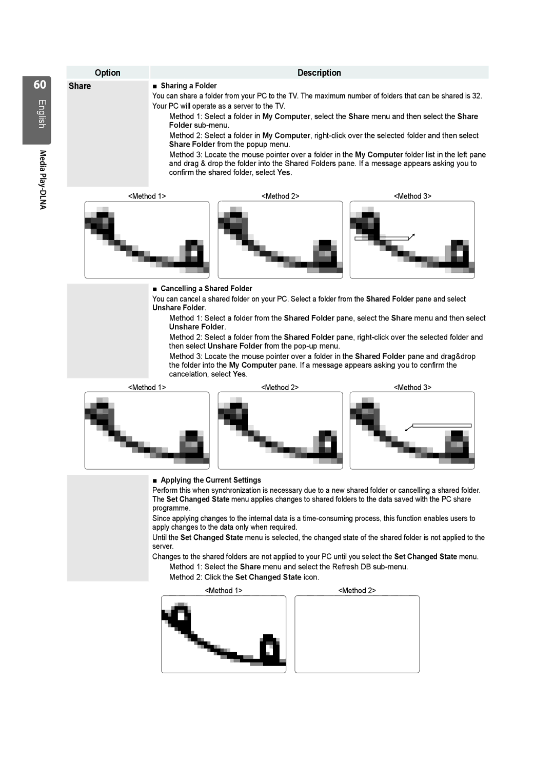 Samsung UE55B7020WWXXU manual Option Description Share, Sharing a Folder, Your PC will operate as a server to the TV 