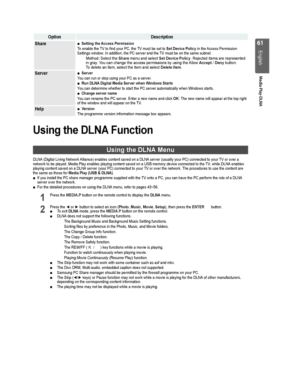 Samsung UE32B7000WWXXH, UE55B7020WWXXC, UE32B7000WWXXC manual Using the Dlna Function, Using the Dlna Menu, Server, Help 