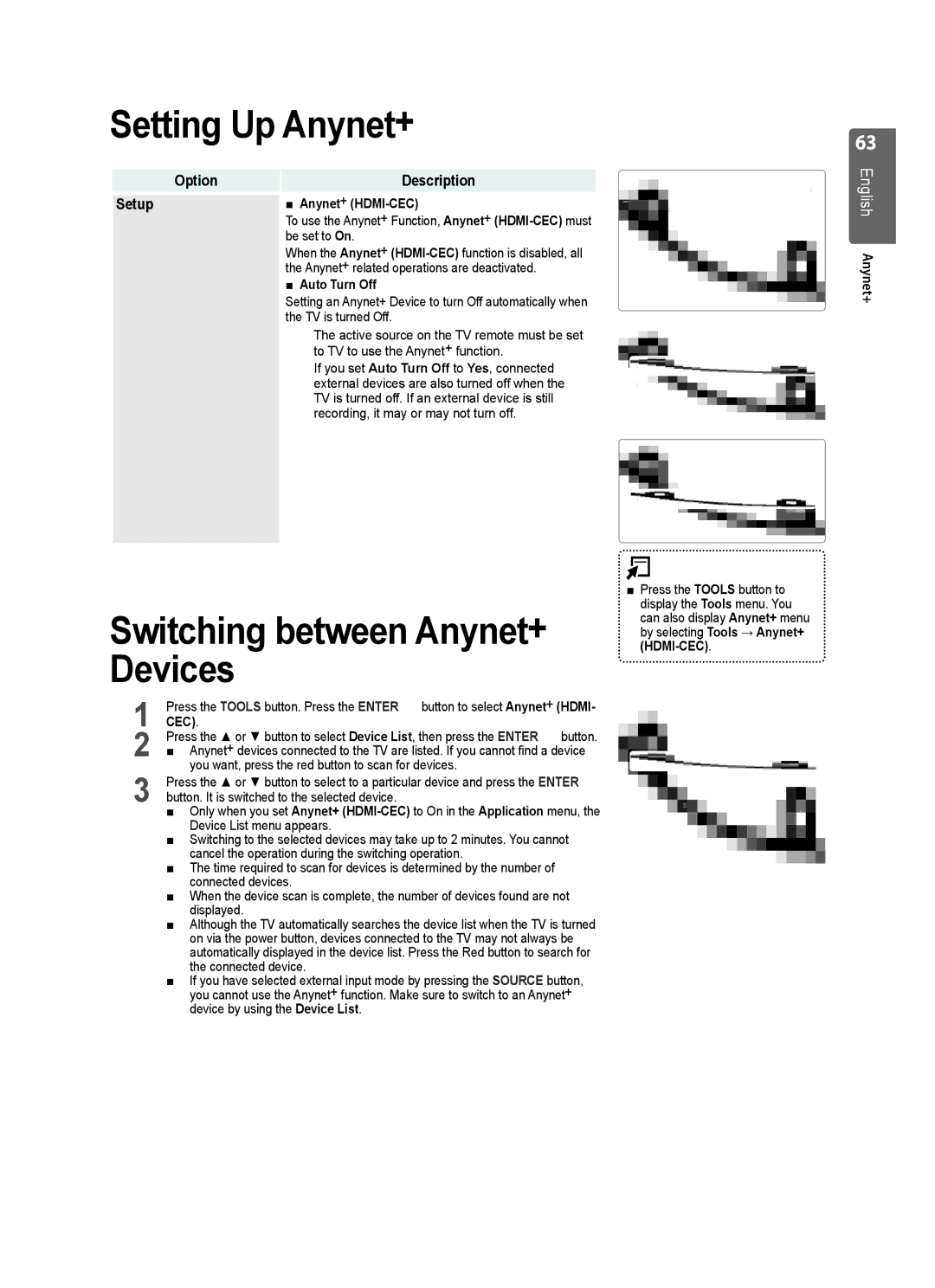 Samsung UE55B7000WWXXU, UE55B7020WWXXC, UE32B7000WWXXC manual Setting Up Anynet+, Switching between Anynet+ Devices, Setup 