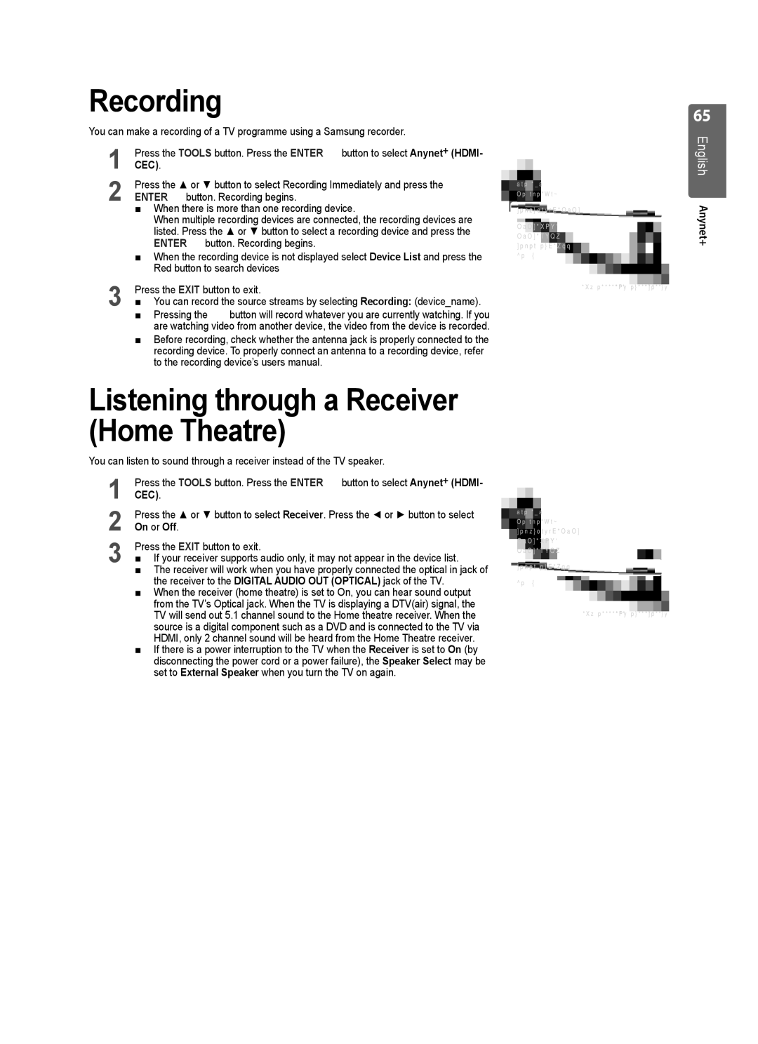 Samsung UE32B7000WWXXC, UE55B7020WWXXC, UE55B7000WWXXC manual Recording, Listening through a Receiver Home Theatre, On or Off 