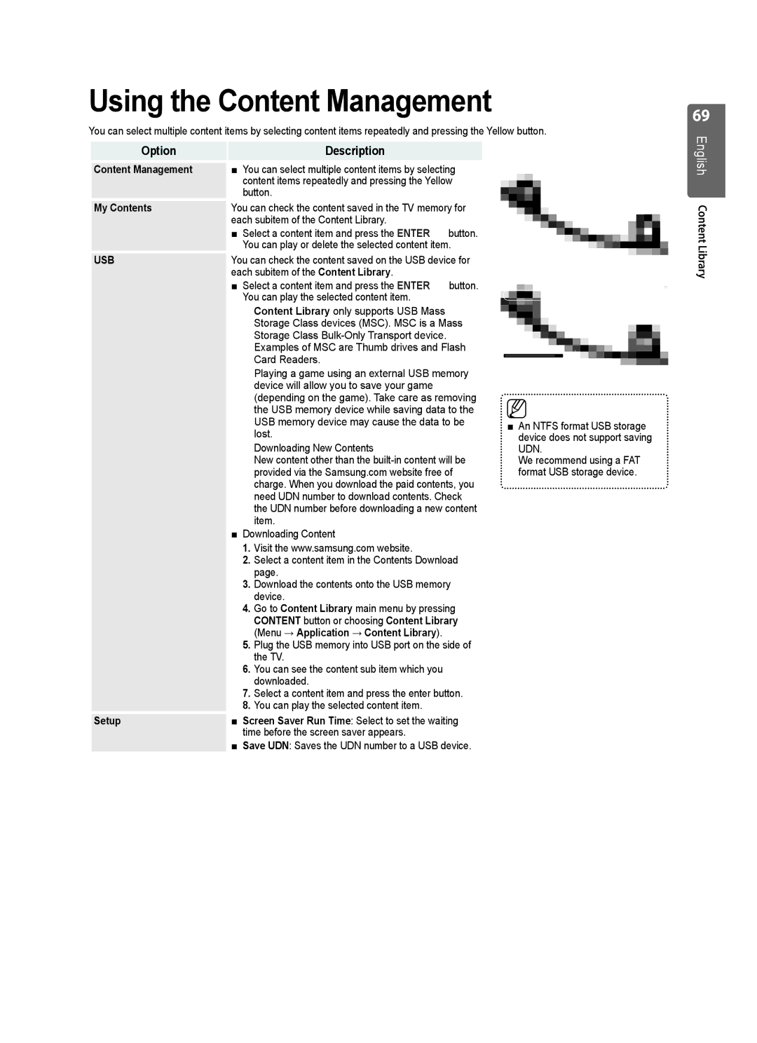 Samsung UE32B7000WWXXH, UE55B7020WWXXC, UE32B7000WWXXC, UE55B7000WWXXC, UE55B7000WWXXH manual Using the Content Management, Usb 