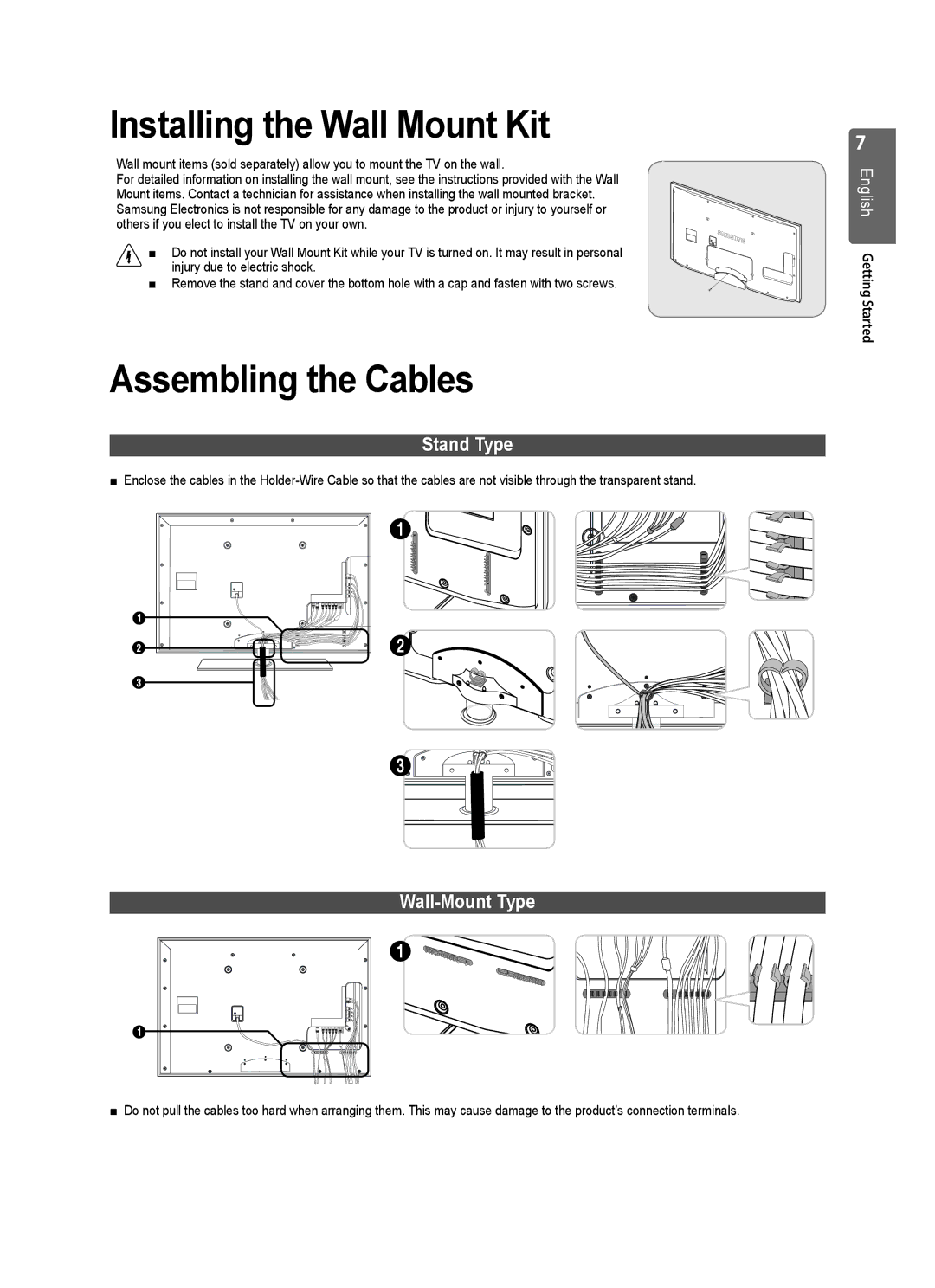 Samsung UE55B7000WWXXU, UE55B7020WWXXC Installing the Wall Mount Kit, Assembling the Cables, Stand Type, Wall-Mount Type 